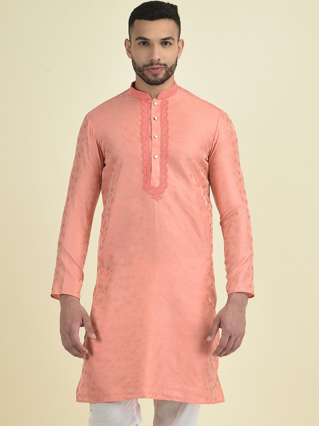 

DEYANN Floral Woven Design Thread Work Straight Kurta, Peach