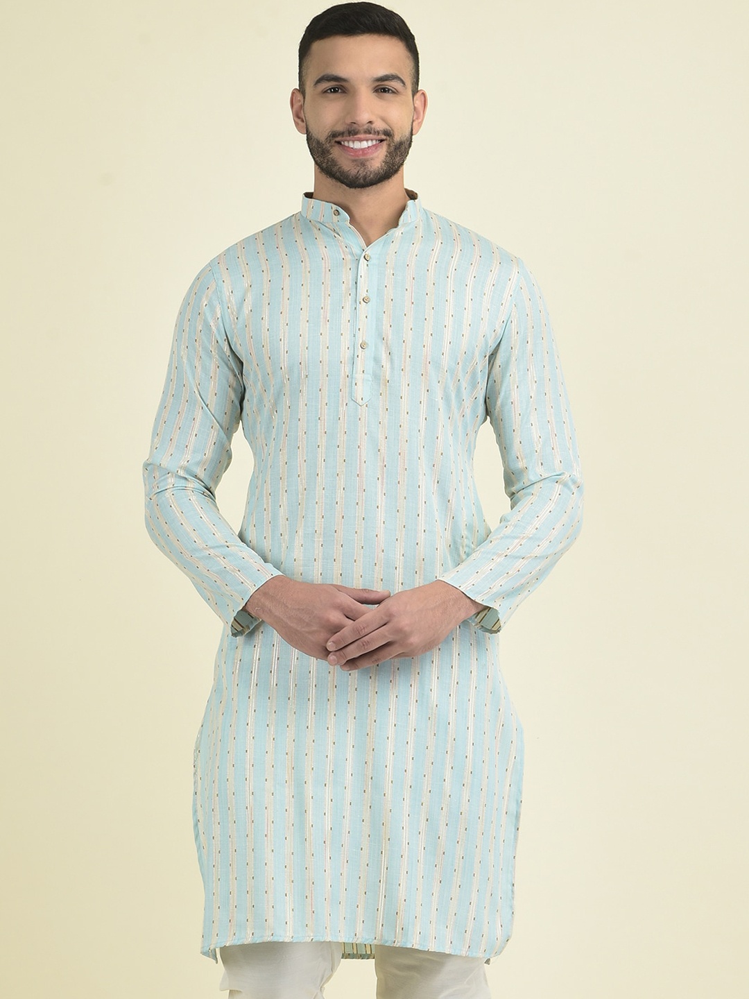 

DEYANN Striped Mandarin Collar Cotton Kurta, Blue