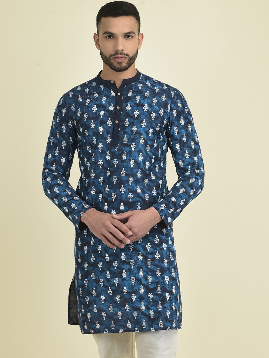 

DEYANN Ethnic Motifs Printed Mandarin Collar Pure Cotton Kurta, Navy blue