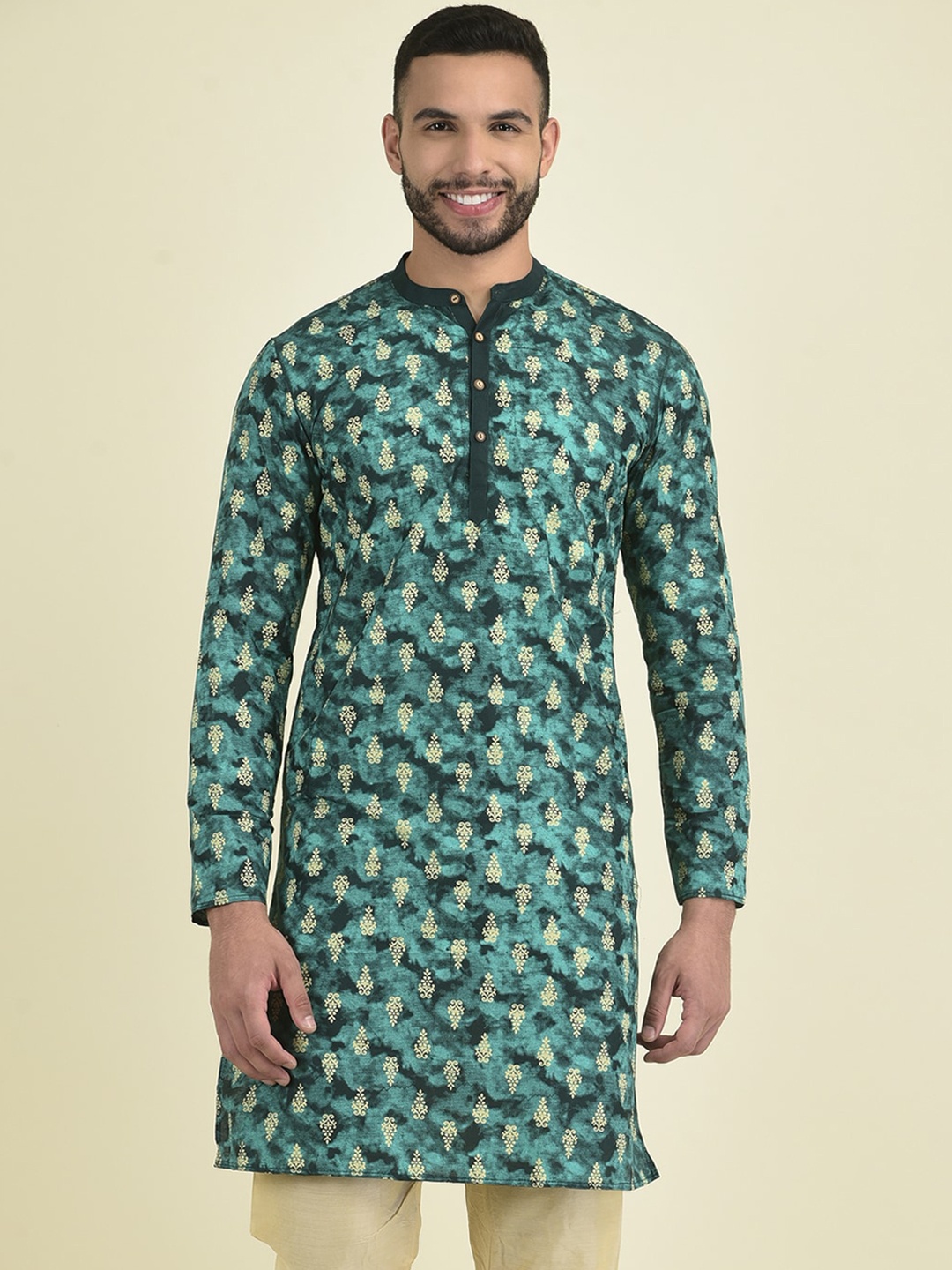 

DEYANN Ethnic Motifs Printed Mandarin Collar Pure Cotton Kurta, Green