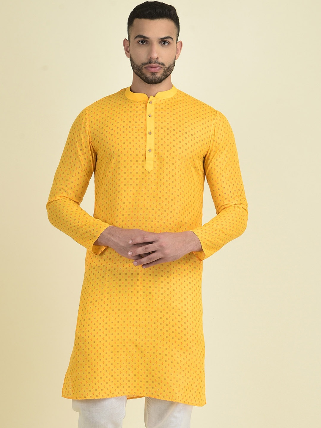 

DEYANN Mandarin Collar Ethnic Motifs Printed Straight Cotton Kurta, Yellow