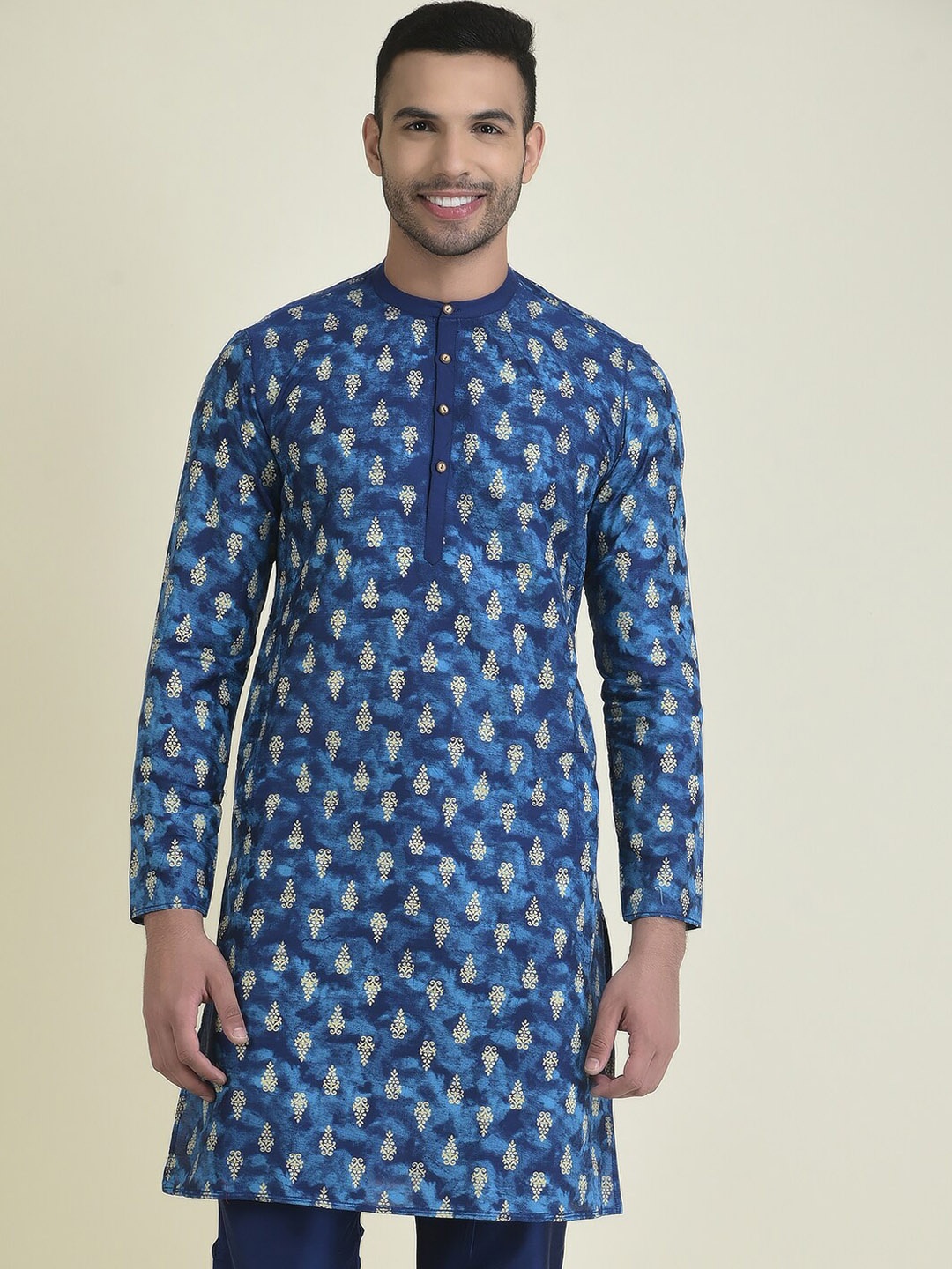 

DEYANN Band Collar Ethnic Motifs Printed Straight Cotton Kurta, Blue