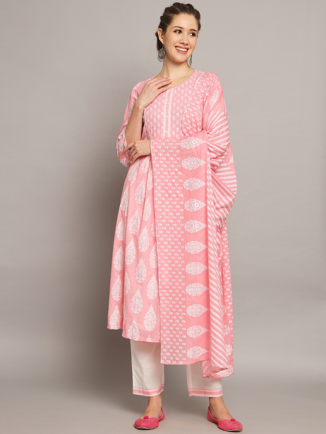 

Silai Bunai Ethnic Motifs Printed Beads & Stones A-Line Kurta with Trousers & Dupatta, Pink