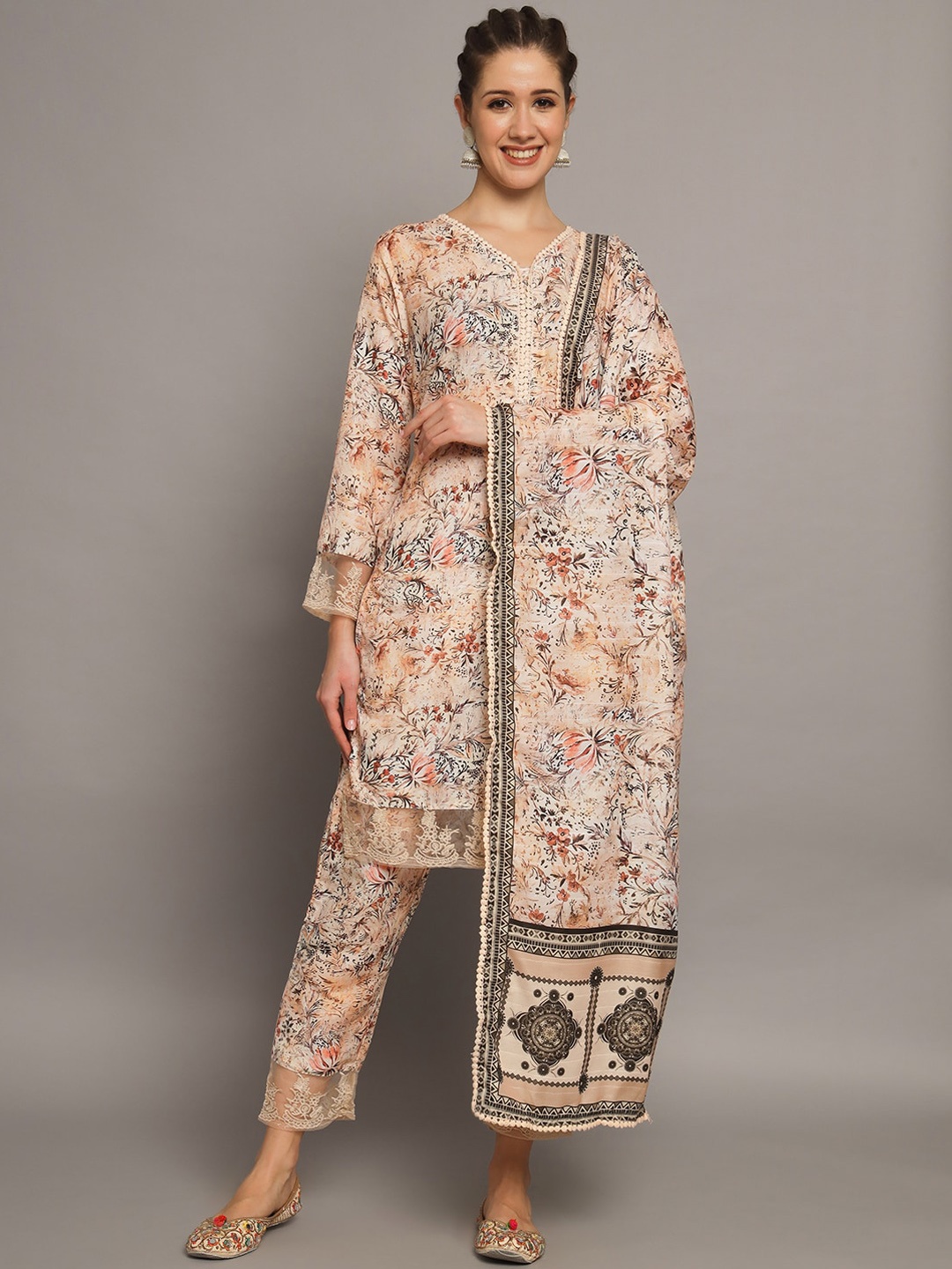 

Silai Bunai Floral Printed V Neck Kurta with Trousers & Dupatta, Beige