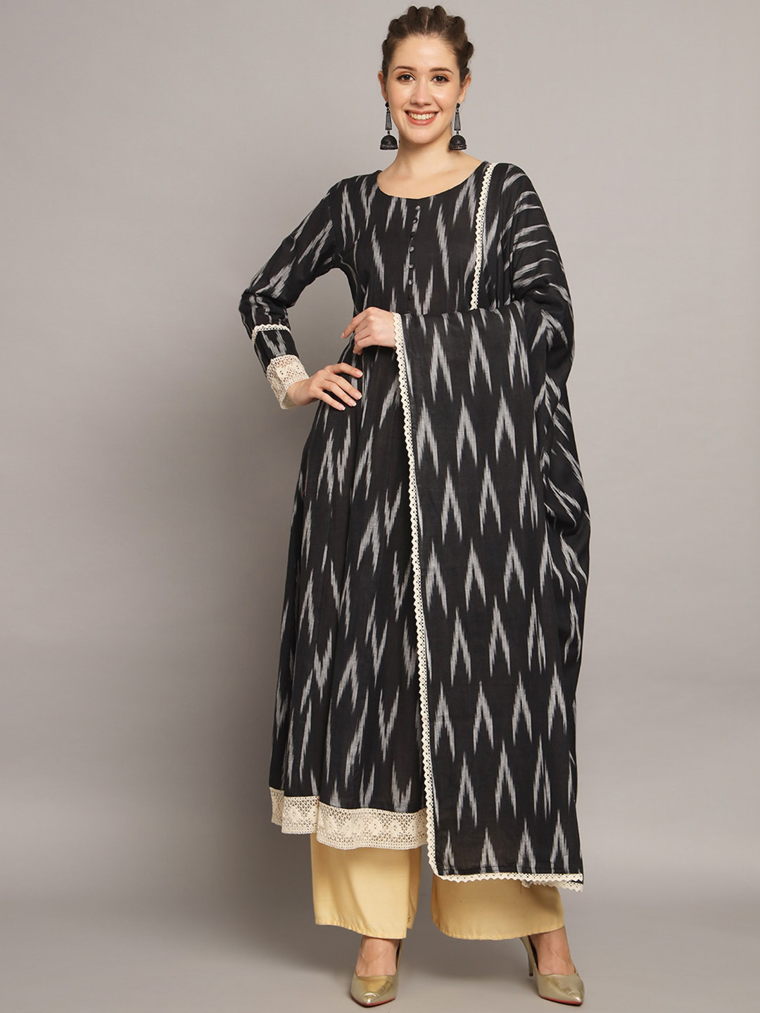 

Silai Bunai Woven Design Ikat A-Line Kurta with Palazzos & Dupatta, Black