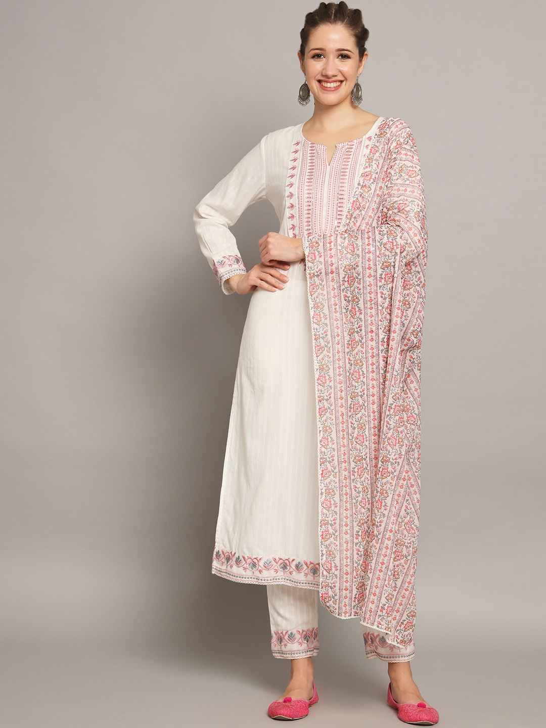 

Silai Bunai Yoke Design Notch Neck Sequinned Kurta with Trousers & Dupatta, White