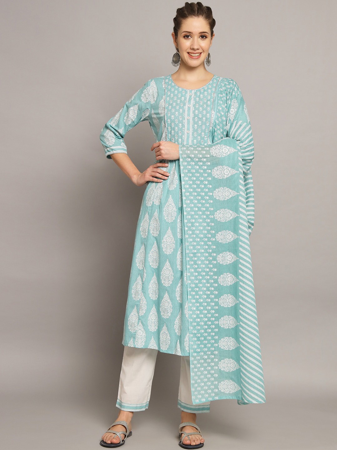 

Silai Bunai Ethnic Motifs Printed Kurta With Trousers & Dupatta, Blue