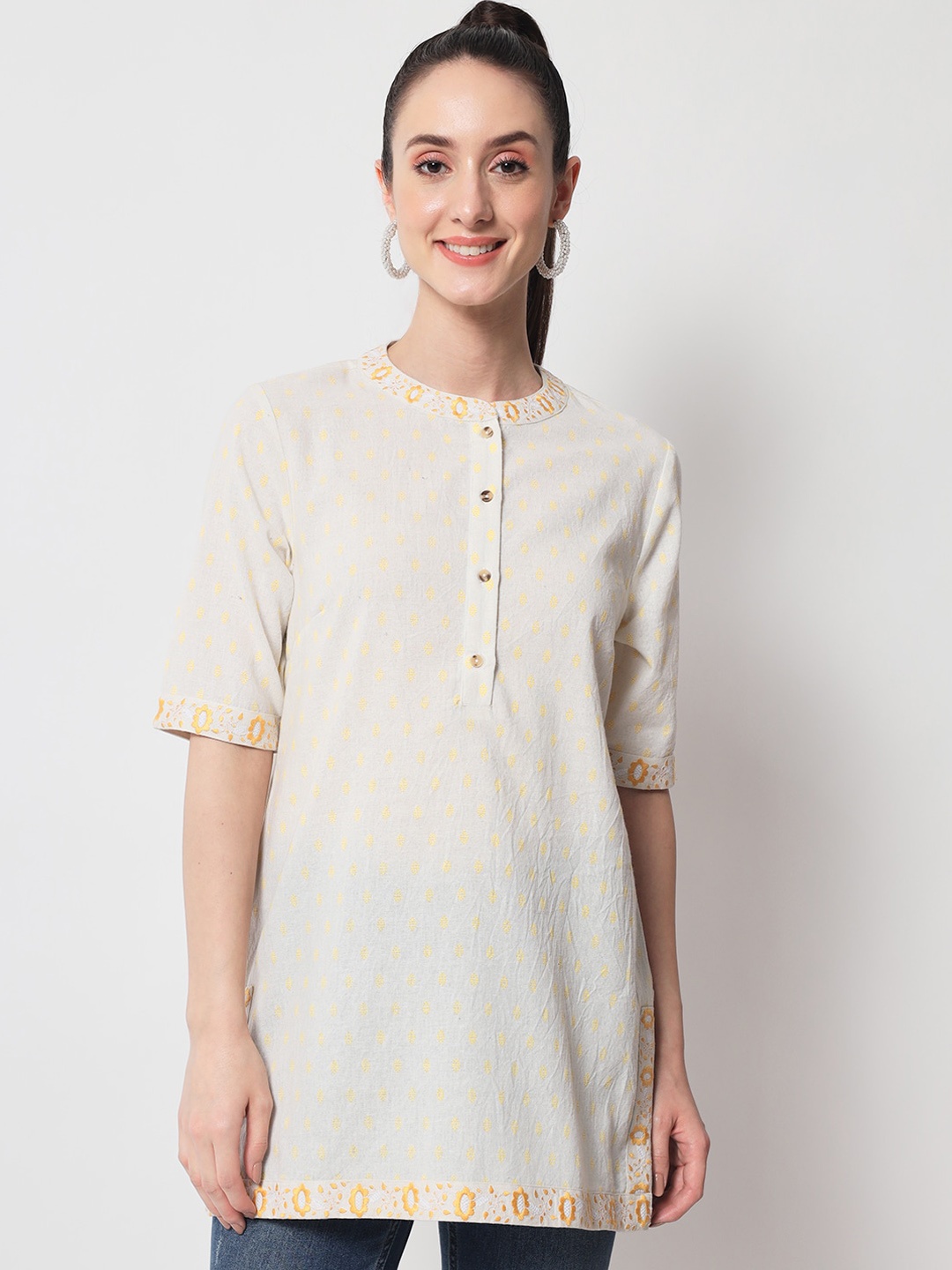 

Yaadleen Ethnic Motifs Printed Thread Work Band Collar Cotton Straight Kurti, Off white