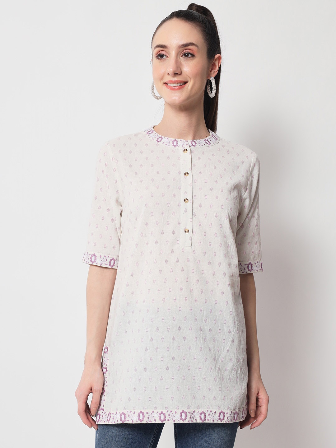 

Yaadleen Ethnic Motifs Printed Thread Work Mandarin Collar Cotton Kurti, Purple