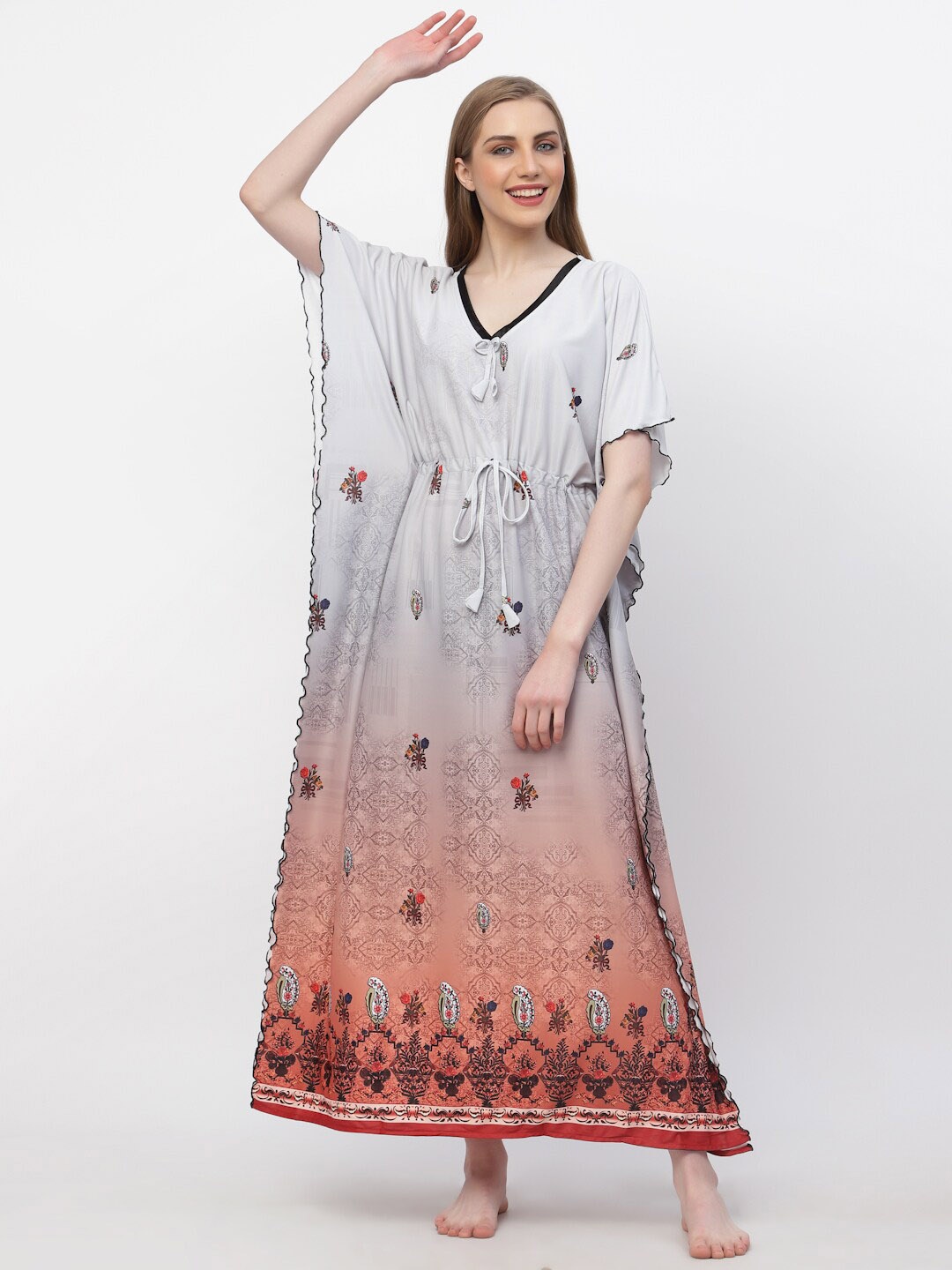 

Arrabi Ethnic Motifs Printed V-Neck Satin Maxi Kaftan Nightdress, Grey