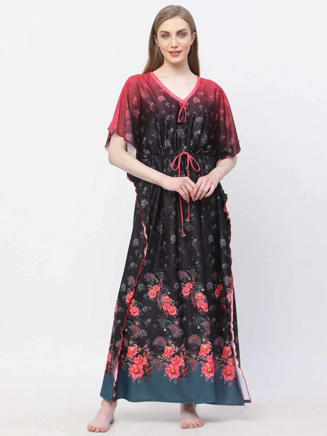 

Arrabi Floral Satin Maxi Kaftan Nightdress, Black