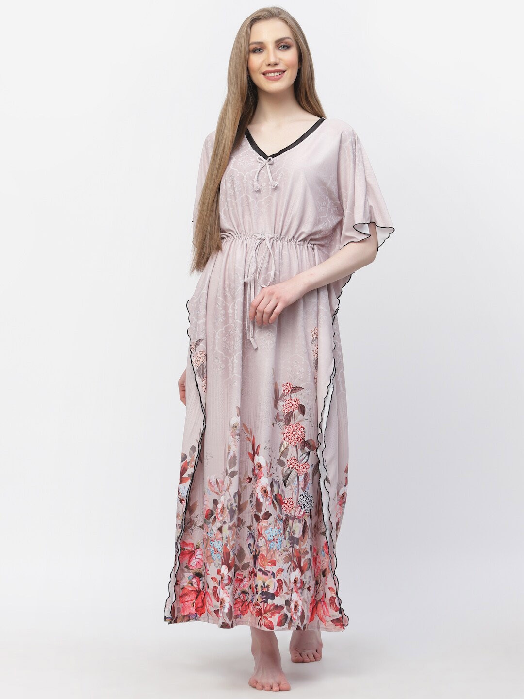 

Arrabi Floral Printed Satin Kaftan Nightdress, Cream