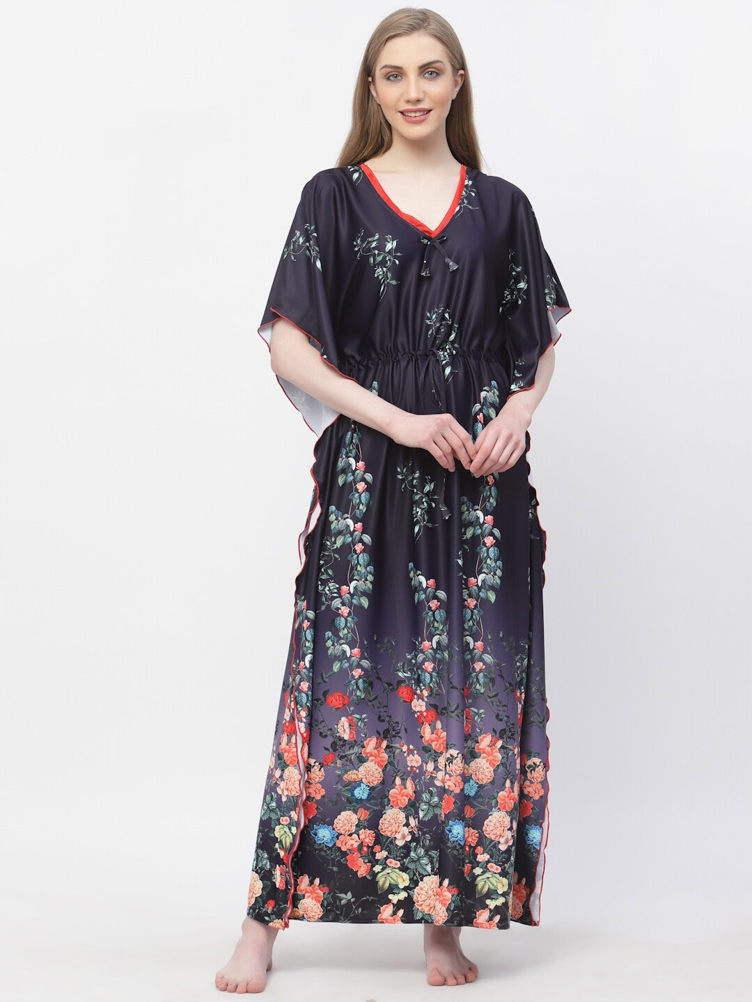 

Arrabi Floral Satin Maxi Kaftan Nightdress, Blue