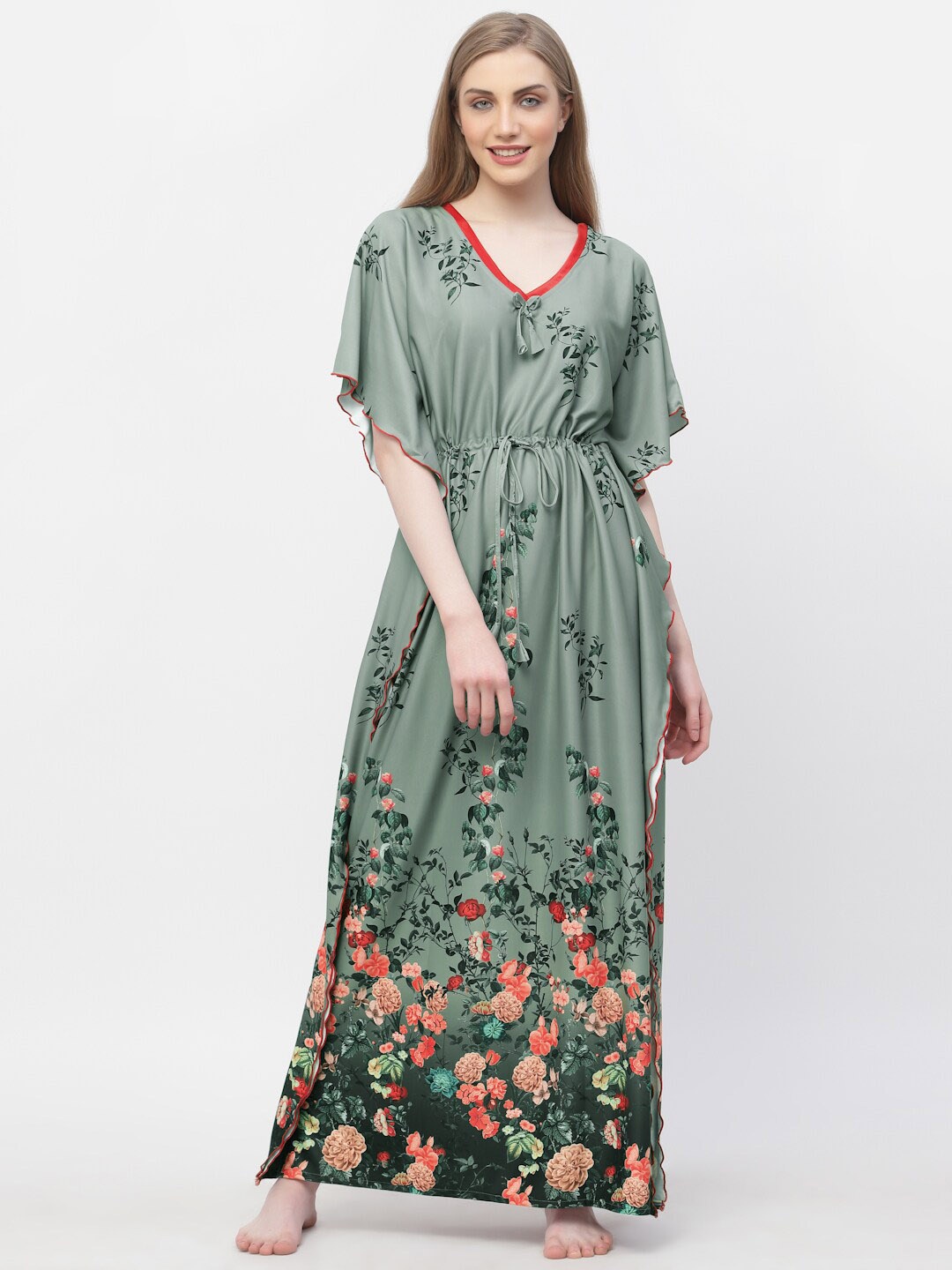 

Arrabi Floral Printed Satin Maxi Kaftan Nightdress, Olive