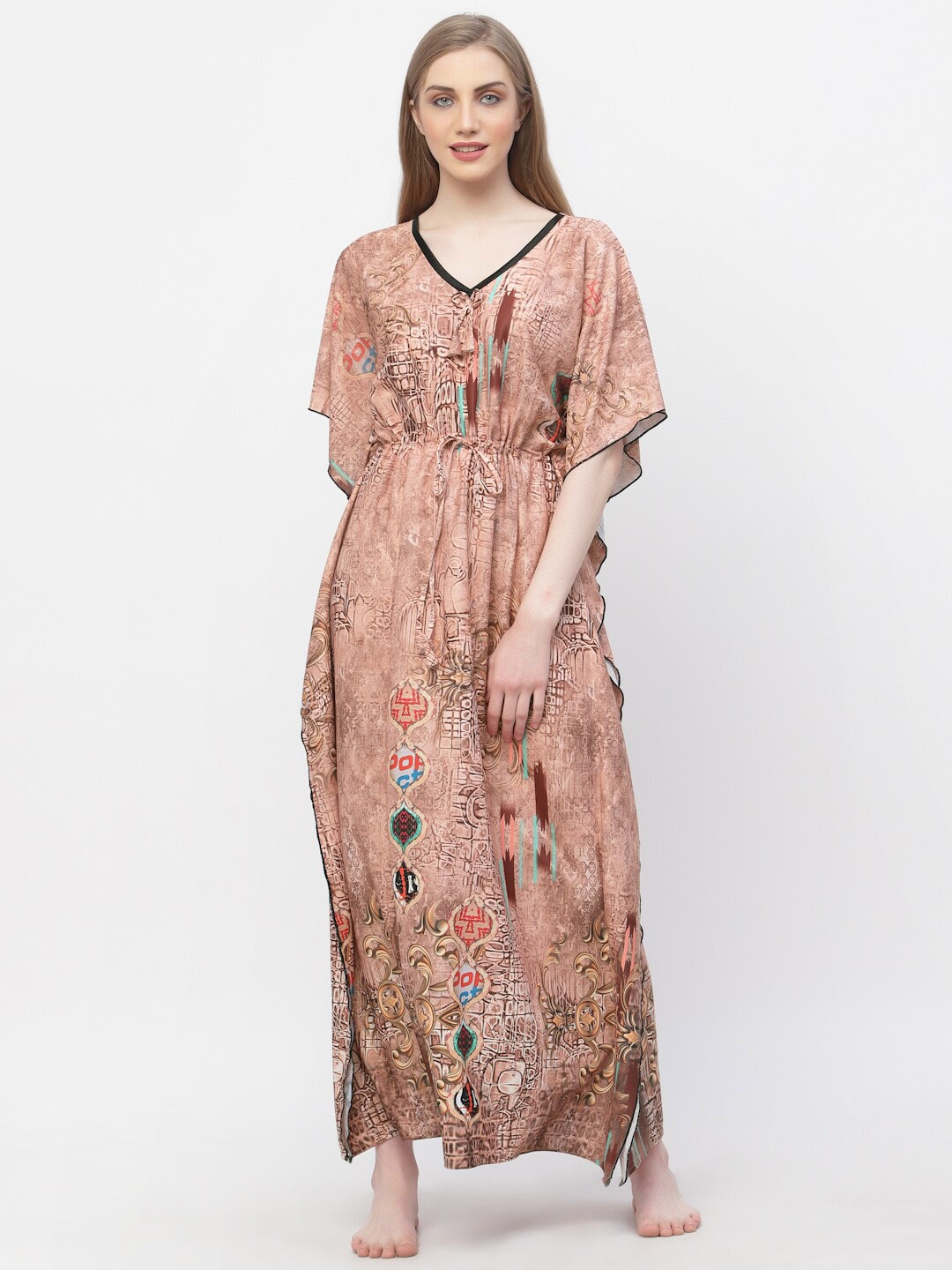 

Arrabi Abstract Printed Satin Maxi Kaftan Nightdress, Peach