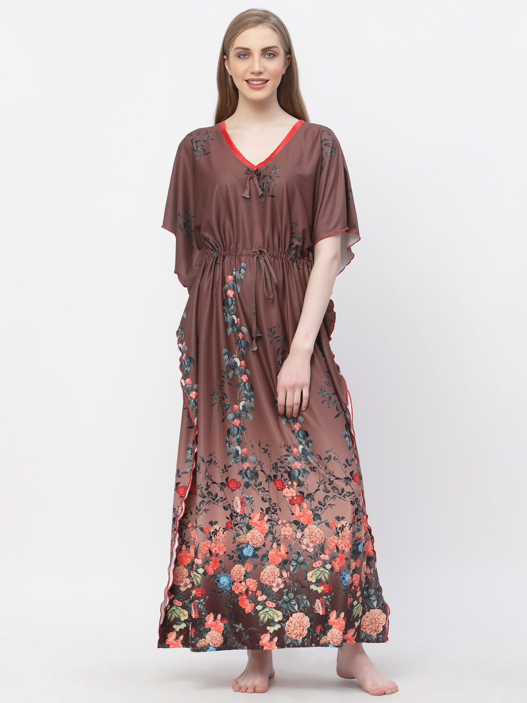 

Arrabi Floral Satin Maxi Kaftan Nightdress, Brown