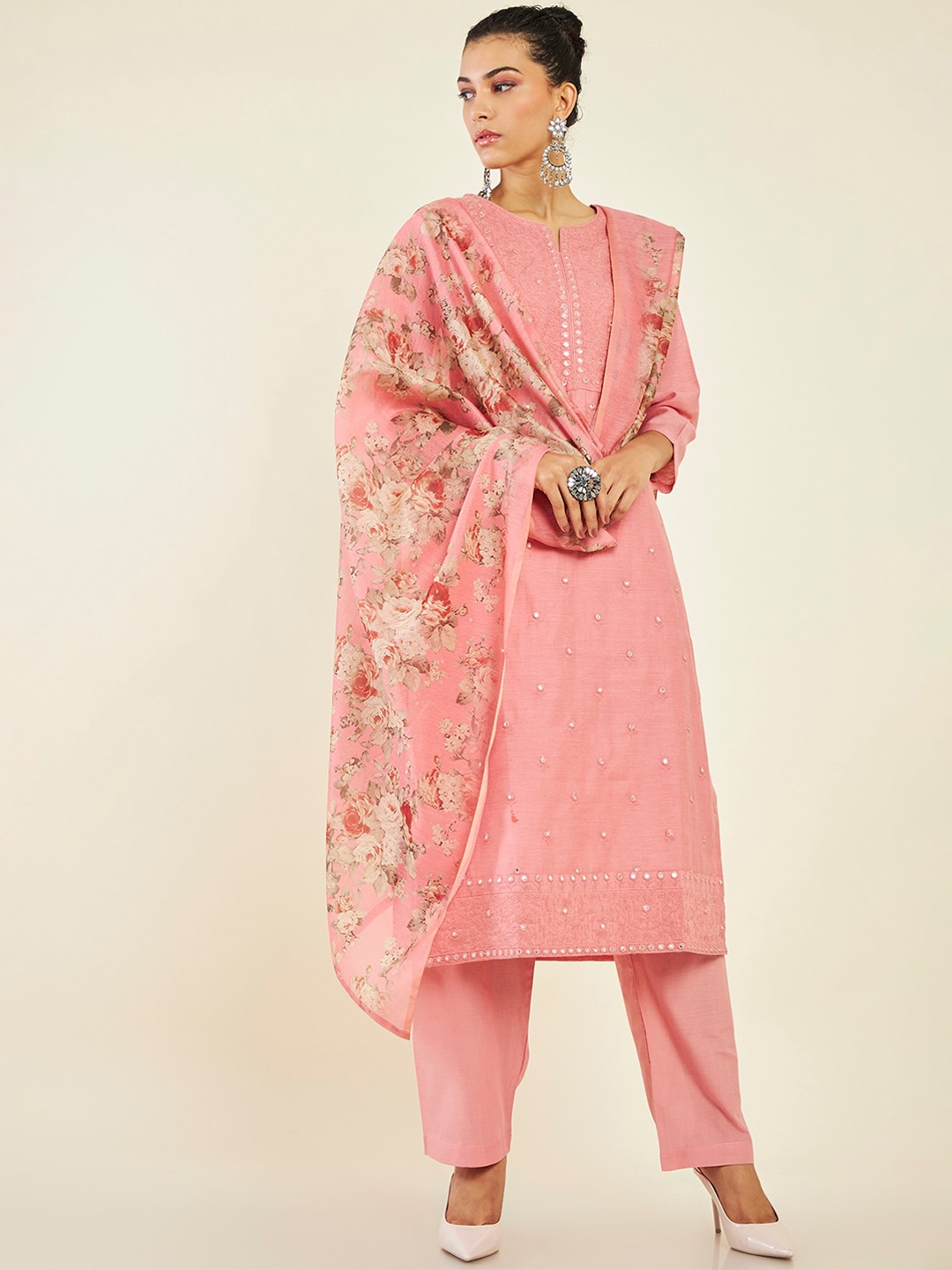 

Soch Ethnic Embroidered Mirror Work Chanderi Cotton Kurta with Trousers & Dupatta, Coral
