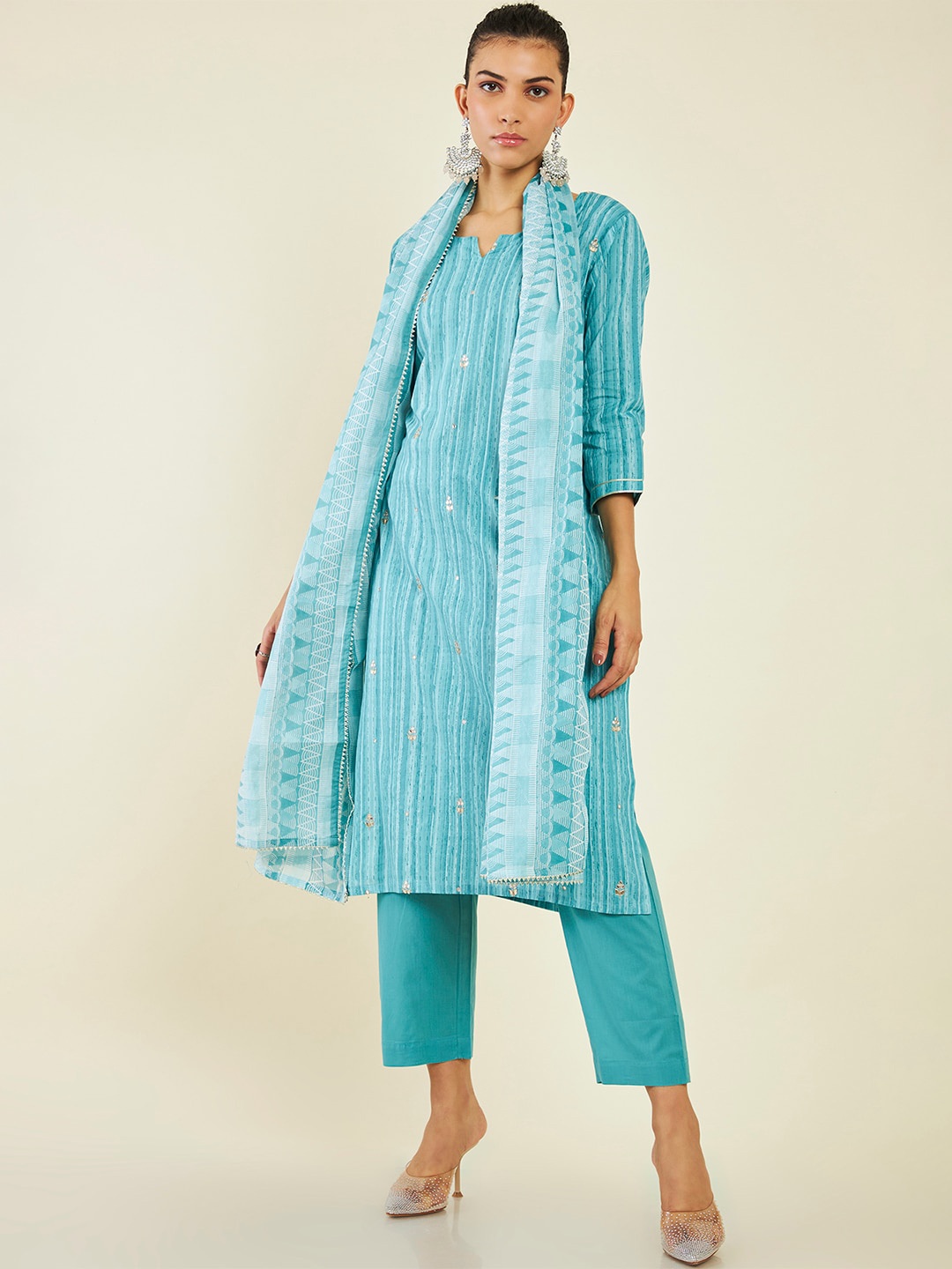 

Soch Striped Gotta Patti Pure Cotton Kurta with Trousers & Dupatta, Blue