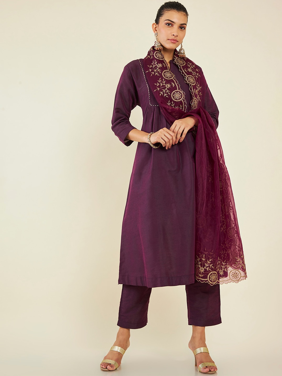 

Soch Band Collar Gotta Patti Kurta with Trousers & With Dupatta, Purple