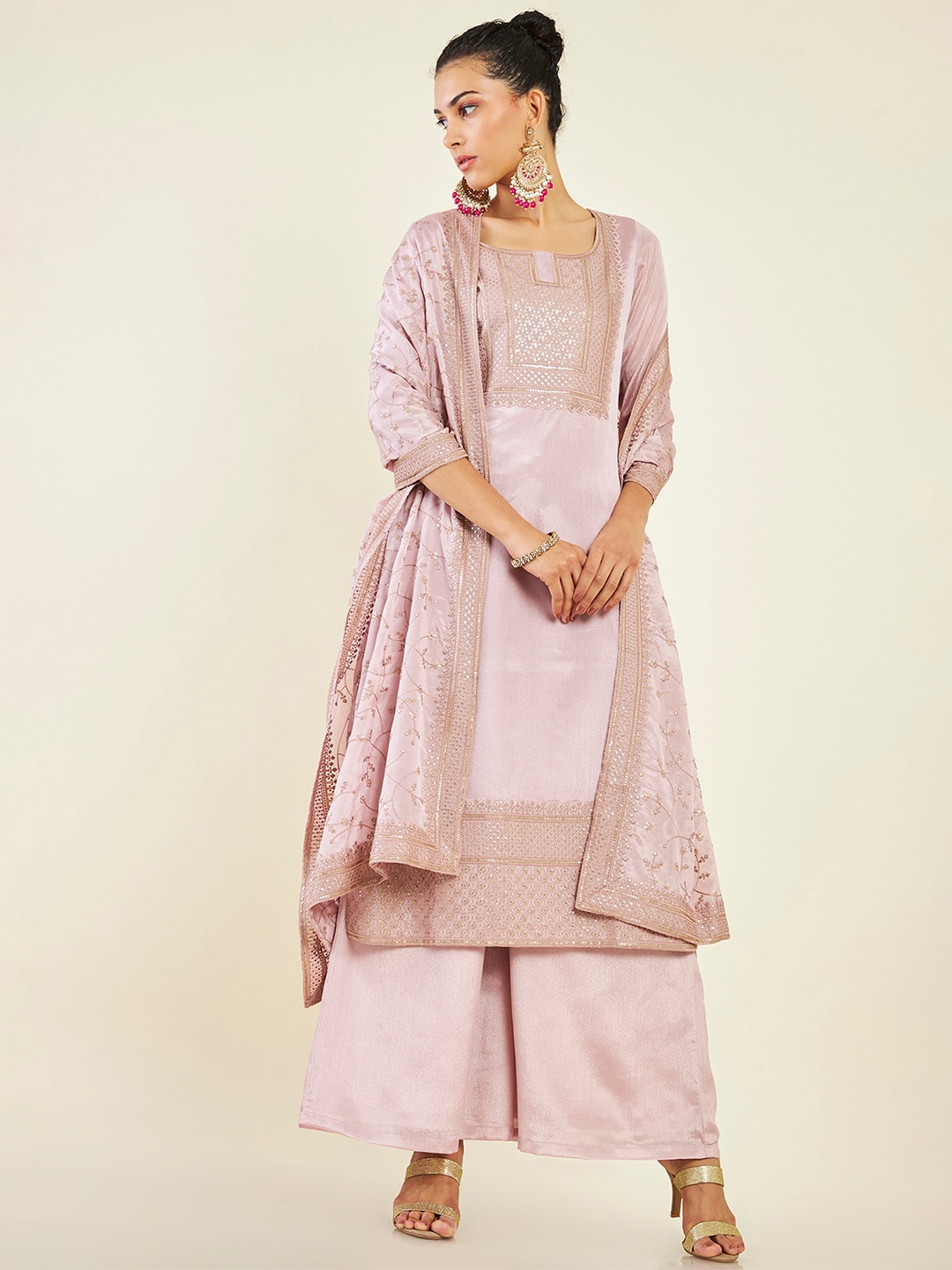 

Soch Ethnic Motif Embroidered Sequinned Pure Wool Kurta with Palazzos & Dupatta, Pink