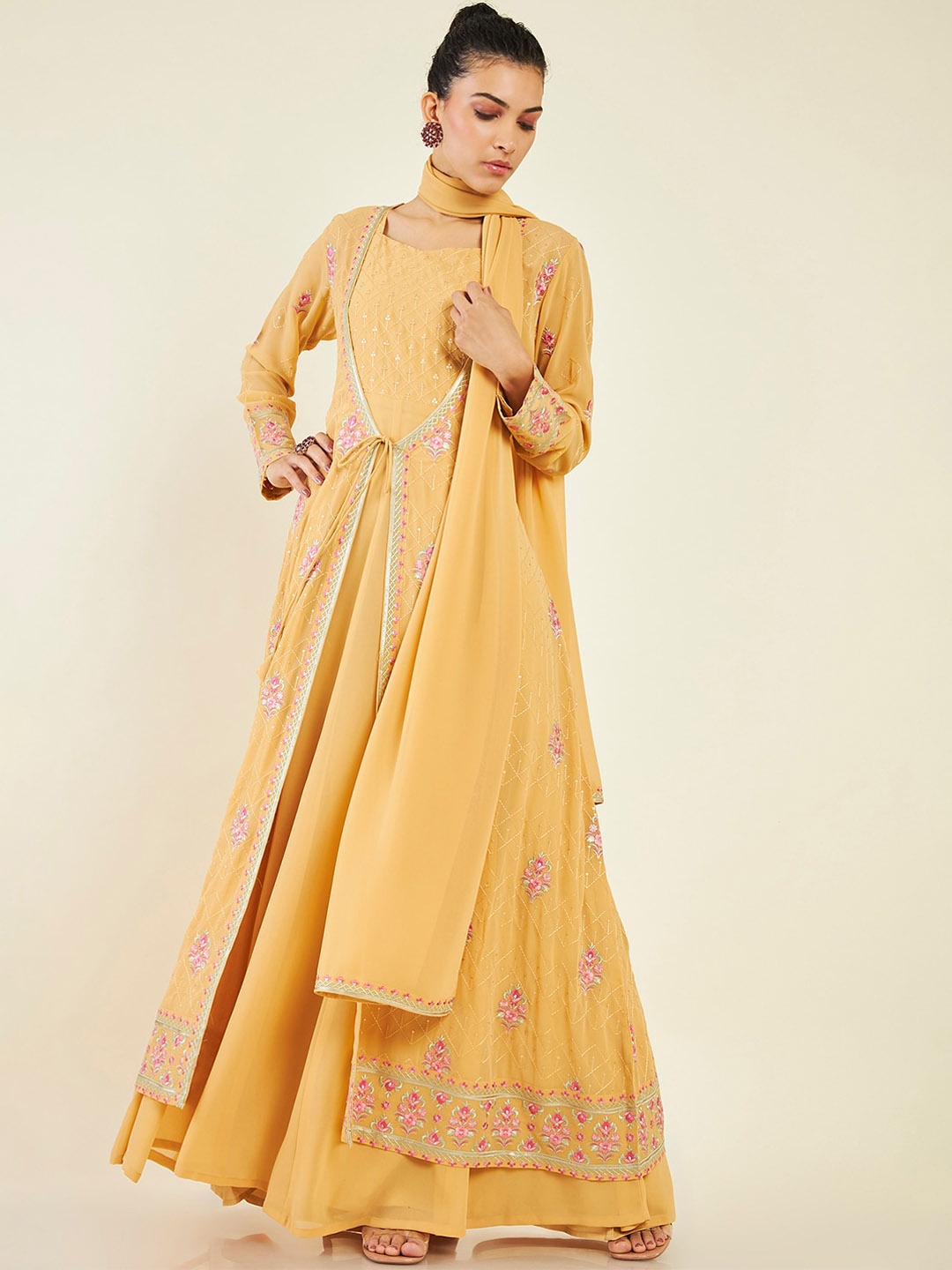 

Soch Ethnic Motifs Embroidered Sequined Georgette Kurta Set With Jacket, Mustard