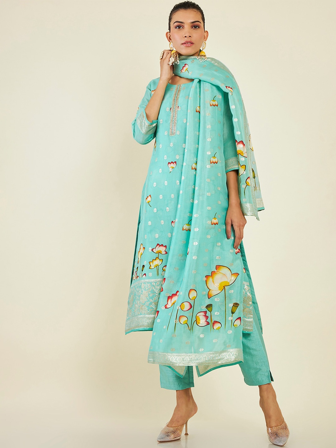 

Soch Floral Printed Zardozi Pure Silk Kurta with Trousers & With Dupatta, Turquoise blue