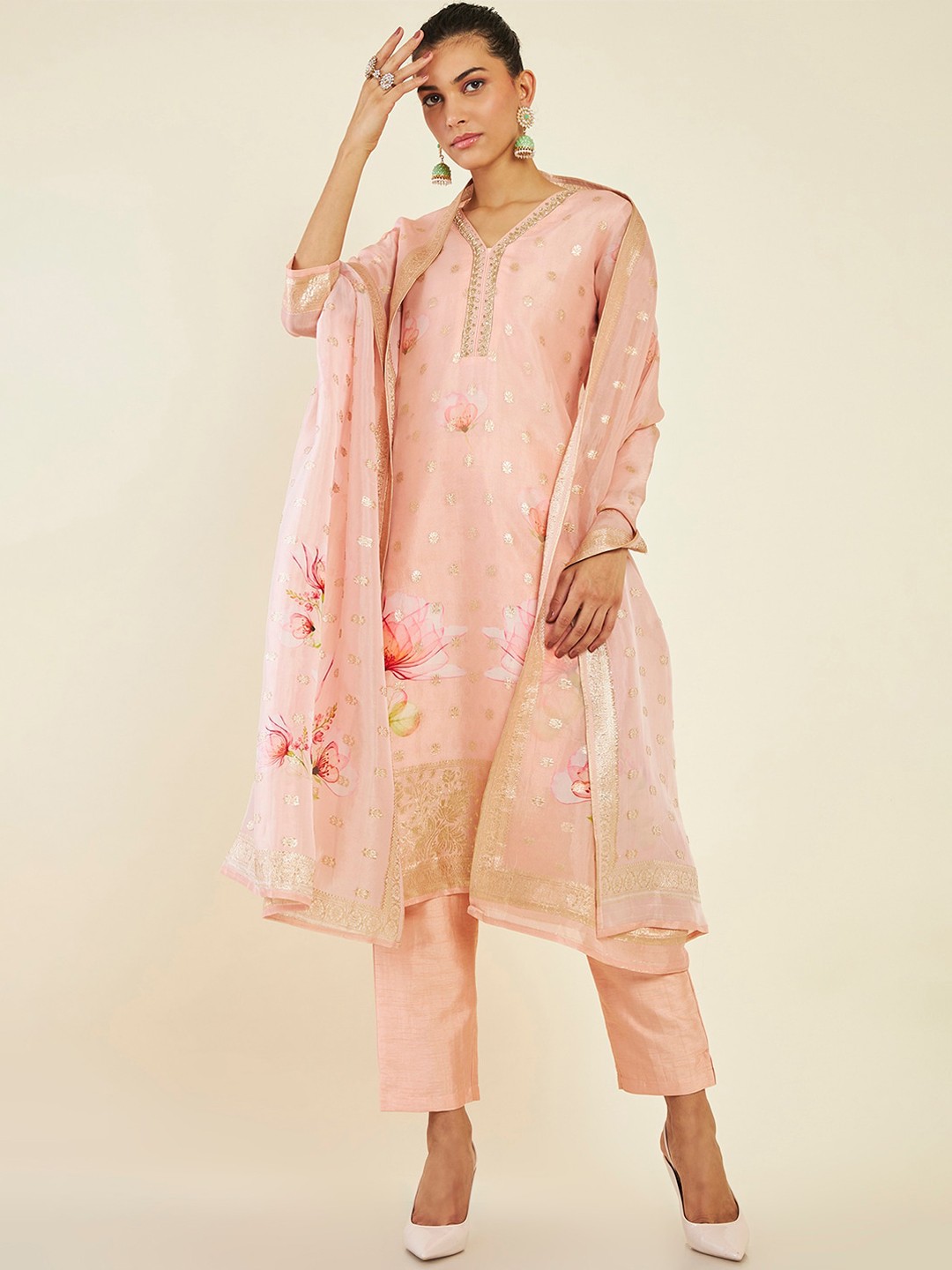 

Soch Ethnic Motifs Printed Pure Silk Kurta With Trousers & Dupatta, Peach