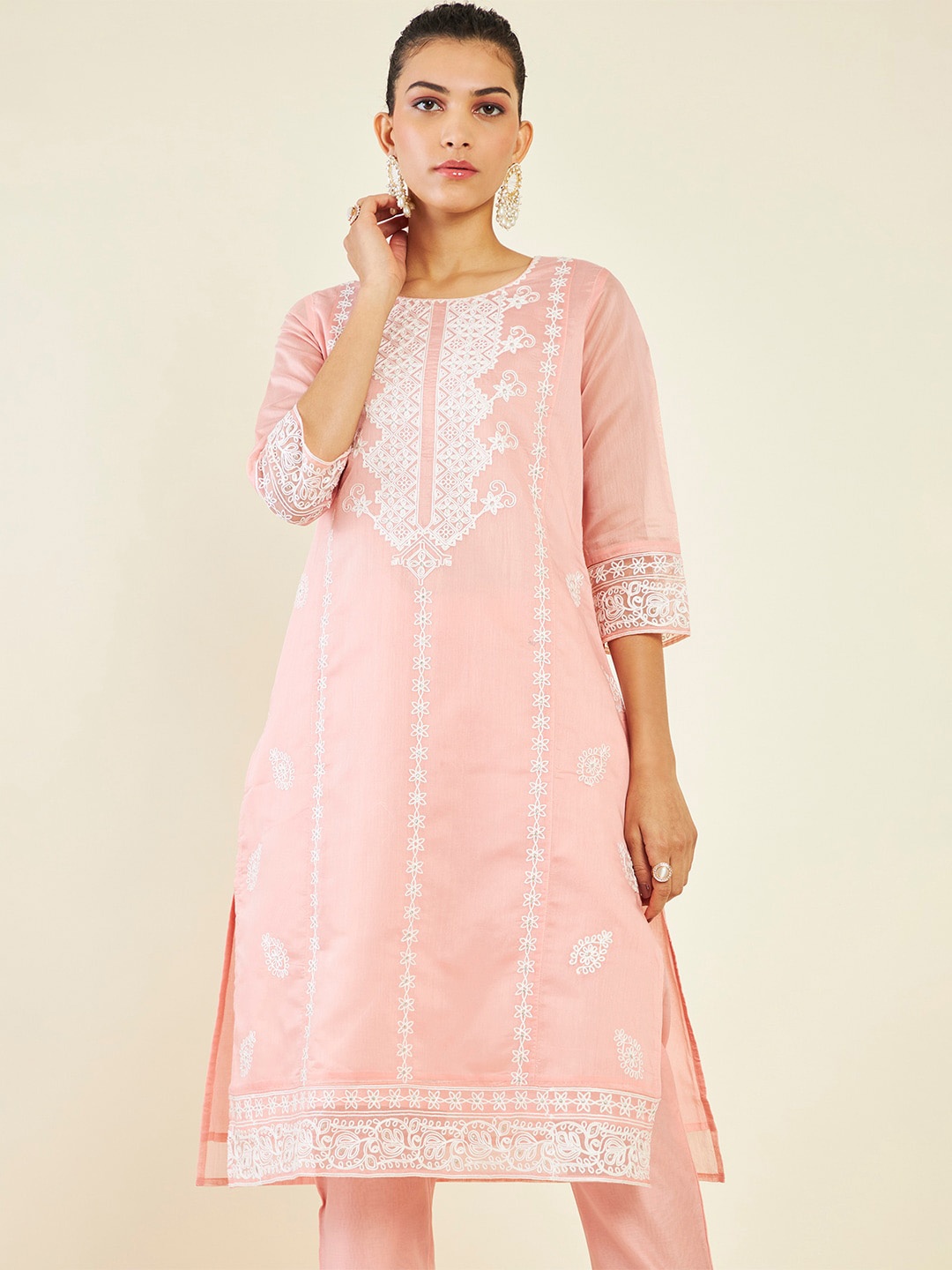 

Soch Floral Embroidered Thread Work Chanderi Cotton Kurta with Trousers & With Dupatta, Peach
