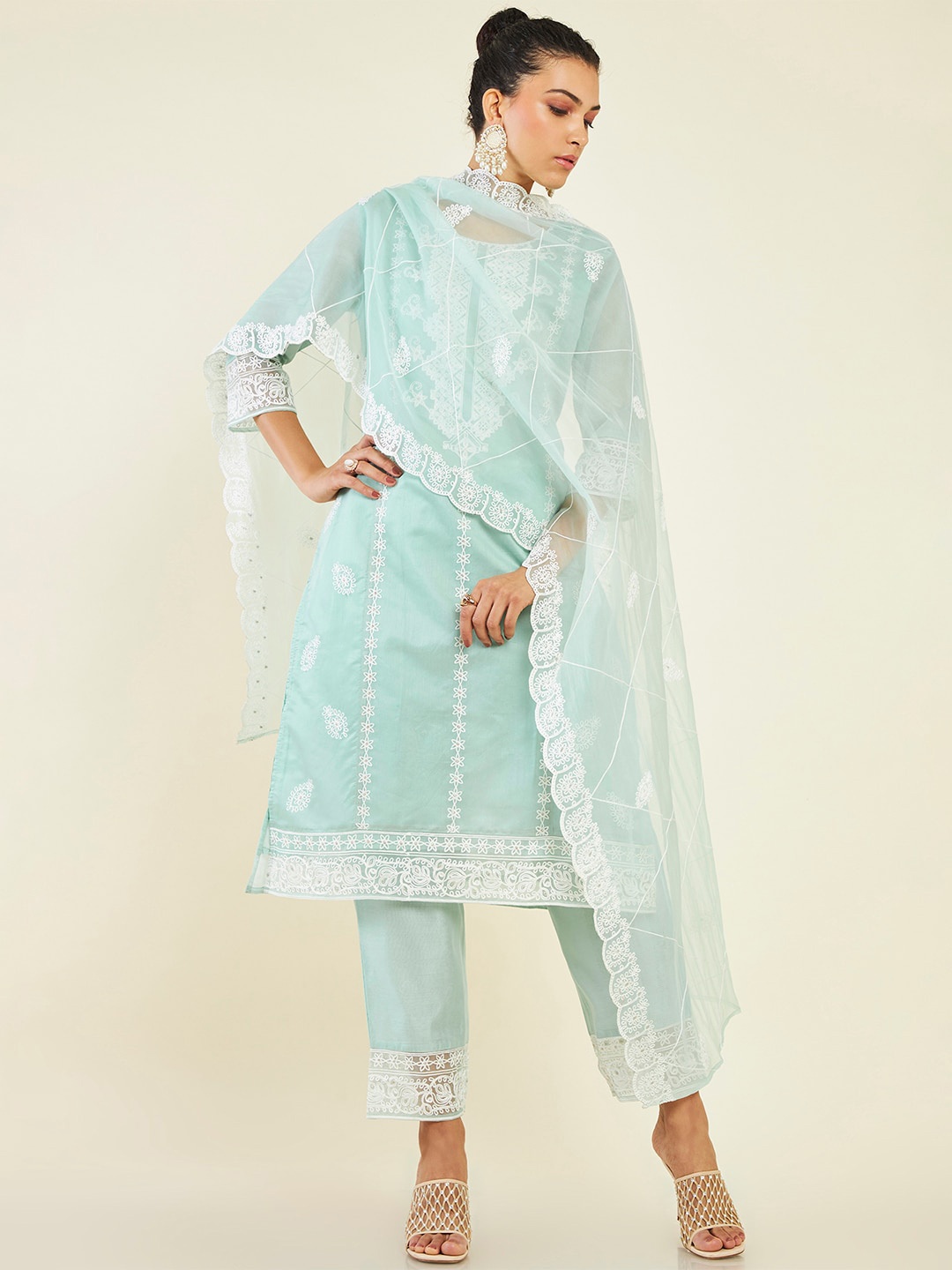 

Soch Floral Embroidered Chanderi Cotton Kurta with Trousers & Dupatta, Blue