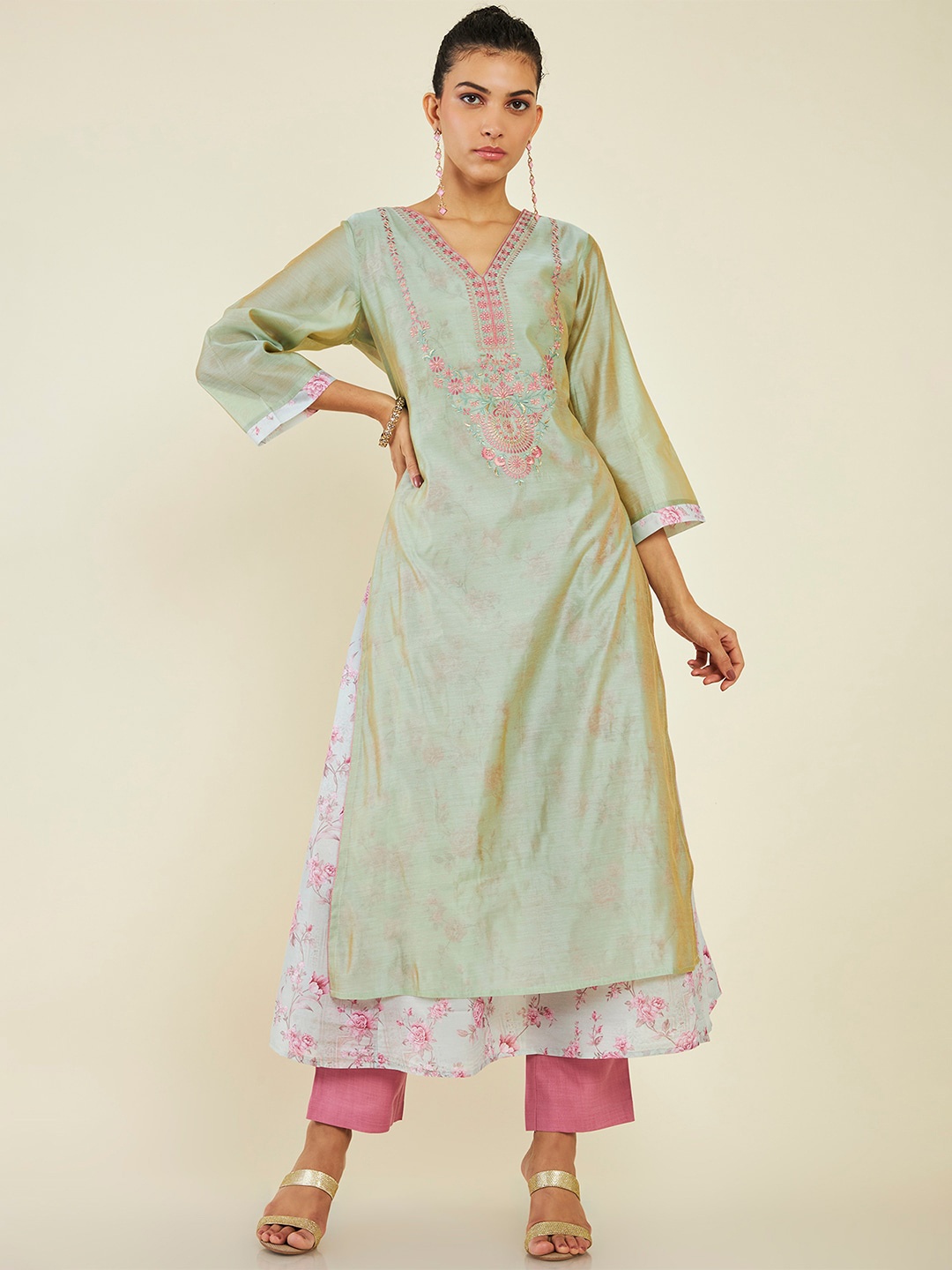 Soch Floral EmbroideredChanderi Cotton Kurta with Trousers & Dupatta, Green
