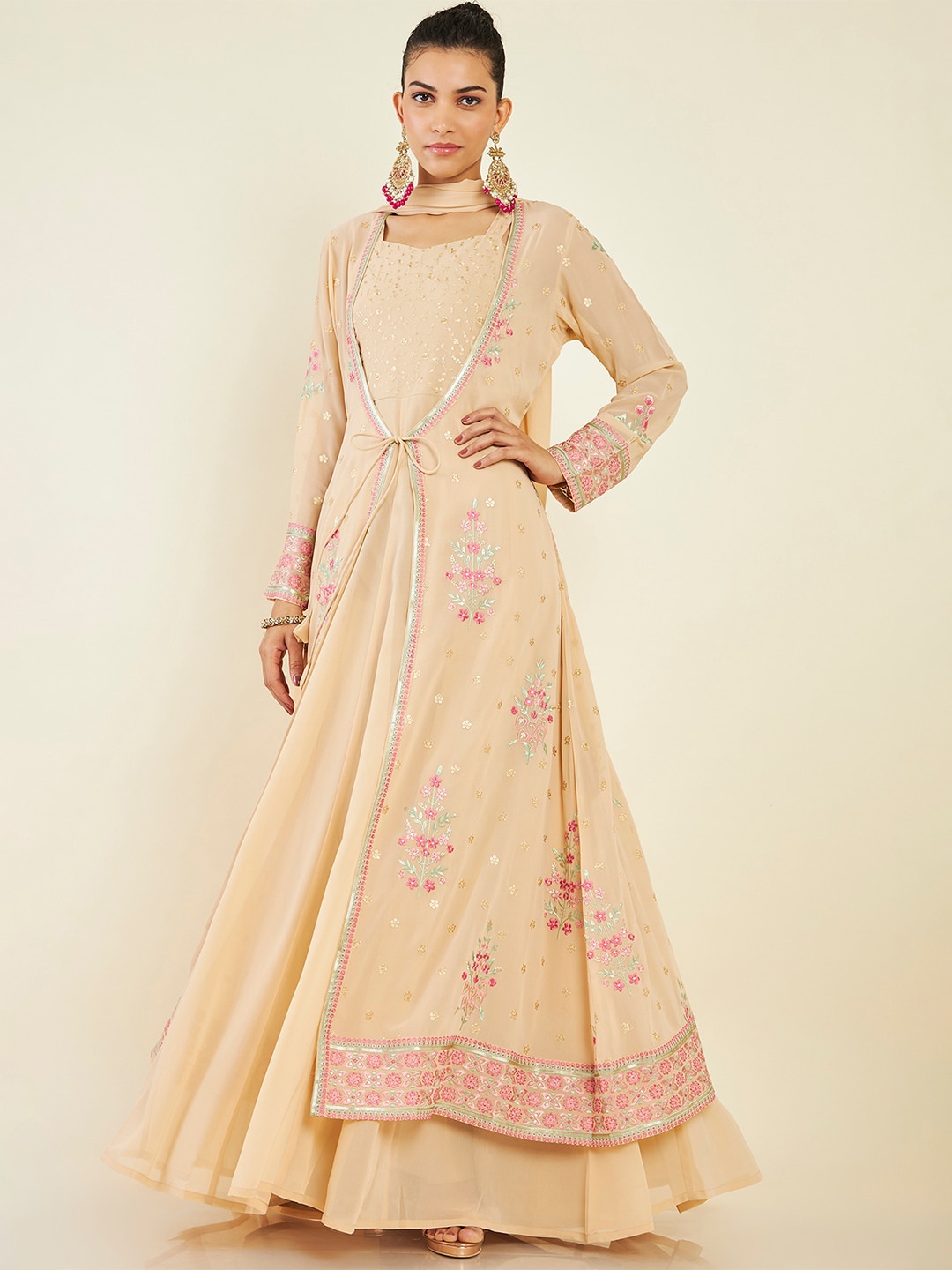 

Soch Floral Embroidered Sequined Anarkali Kurta with Churidar, Dupatta & Jacket, Beige