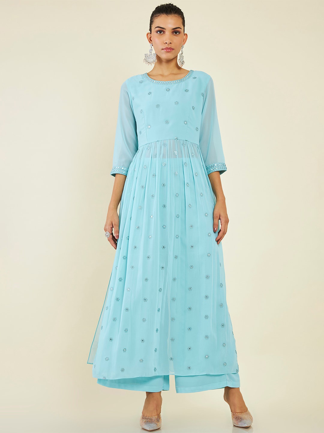 

Soch Floral Embroidered Sequined Anarkali Georgette Kurta with Palazzos & Dupatta, Blue