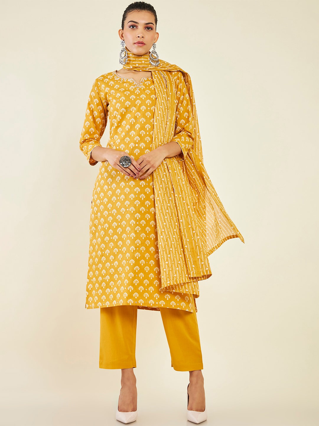 

Soch Ethnic Motifs Printed Mirror Work Pure Cotton Kurta with Trousers & Dupatta, Mustard