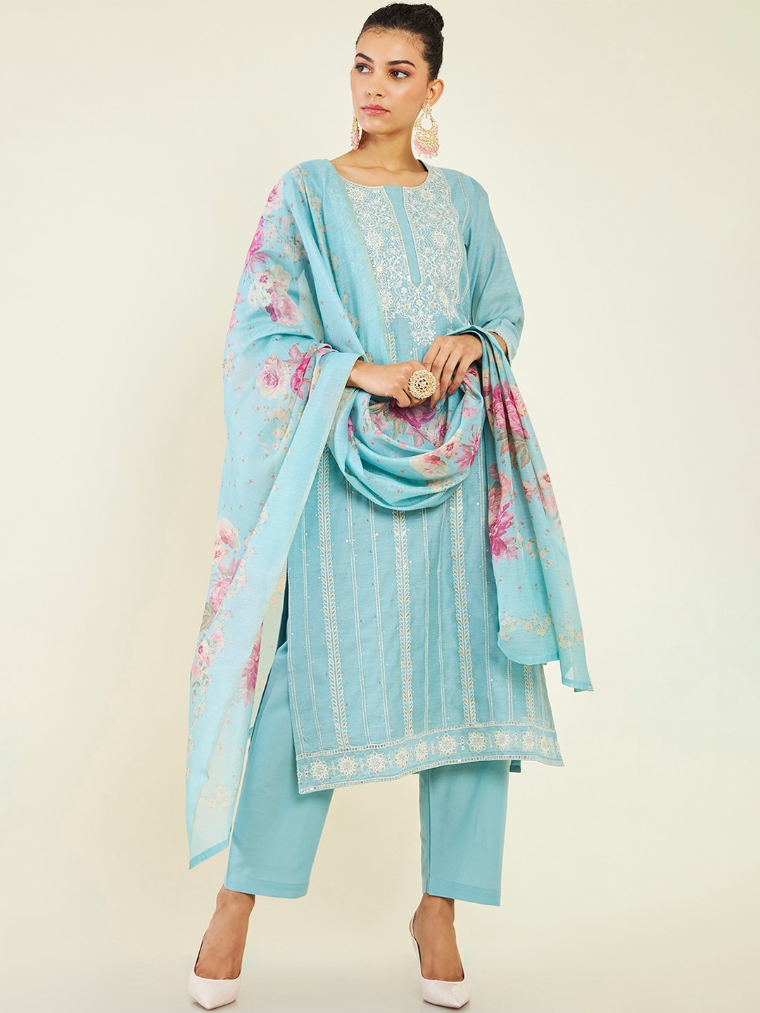 

Soch Floral Embroidered Sequined Chanderi Cotton Kurta with Trousers & Dupatta, Blue