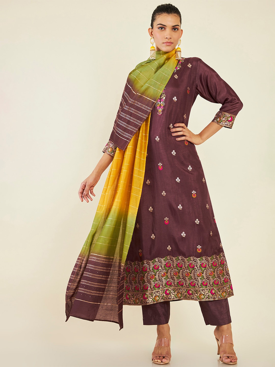 

Soch Floral Embroidered Zari Work Kurta with Trousers & Dupatta, Maroon