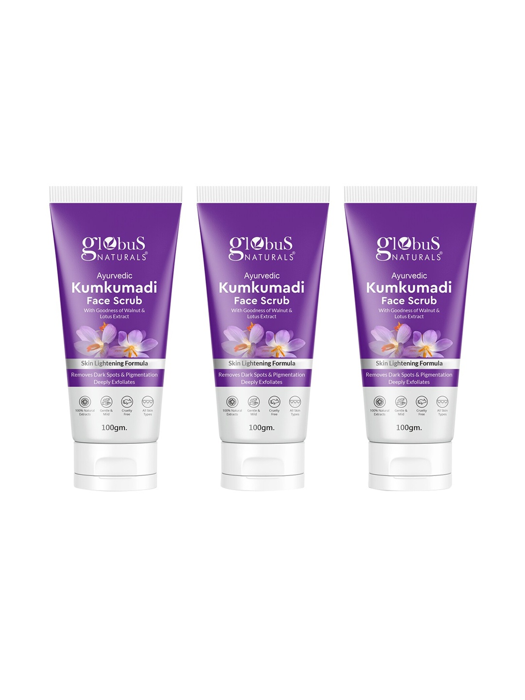 

Globus naturals Set of 3 Ayurvedic Kumkumadi Face Scrub with Walnut & Lotus - 100g Each, Purple