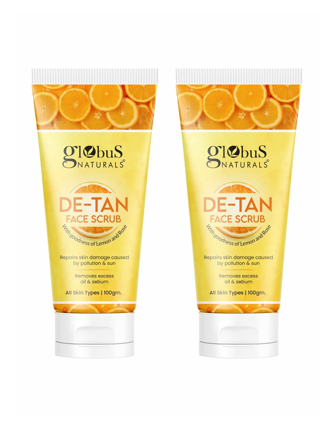 

Globus naturals Set of 2 De Tan Face Scrub with Lemon & Rose for Skin Damage - 100 g Each, Yellow