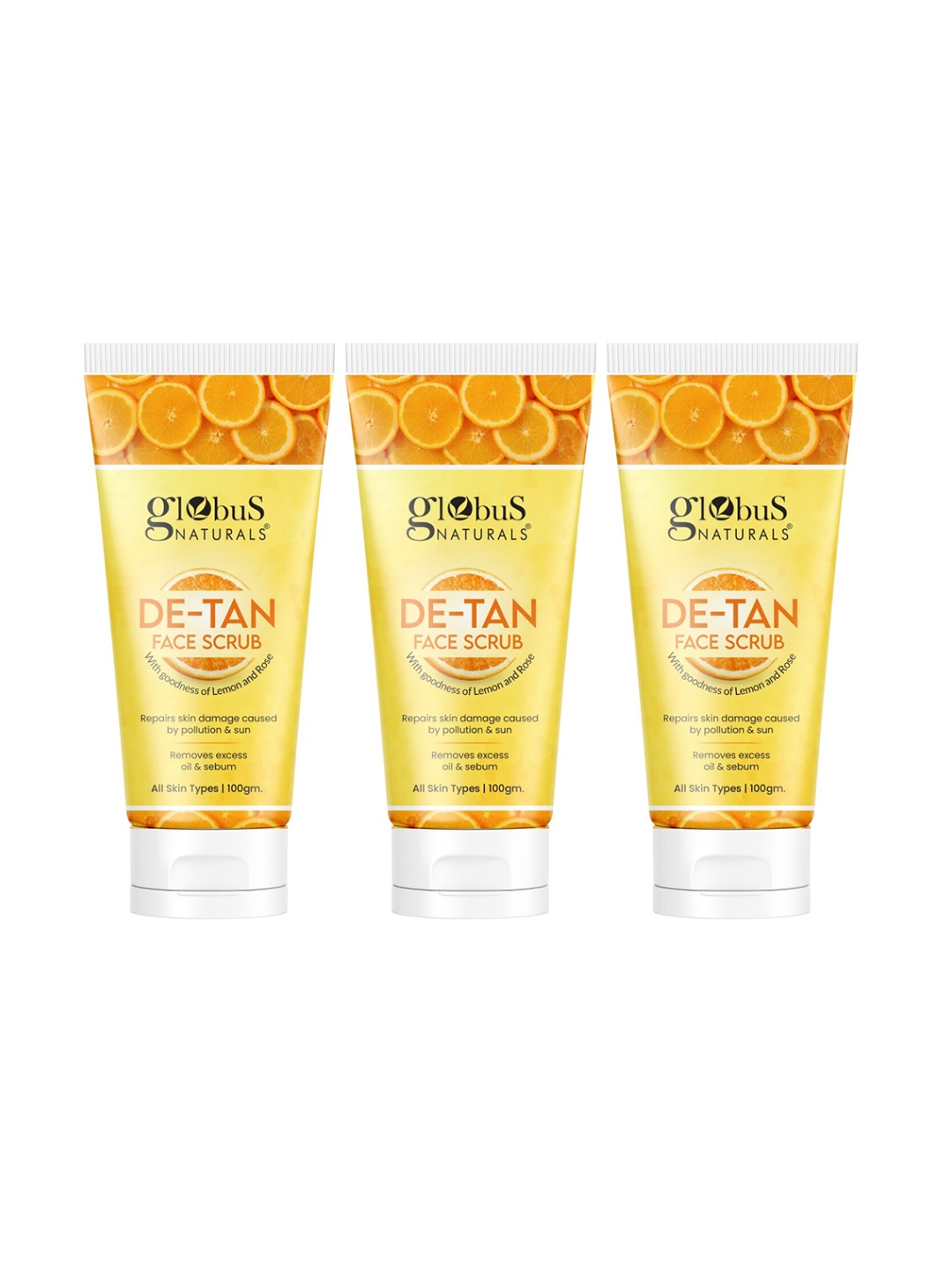 

Globus naturals Set of 3 De Tan Face Scrub with Lemon & Rose for Skin Damage - 100 g Each, Yellow