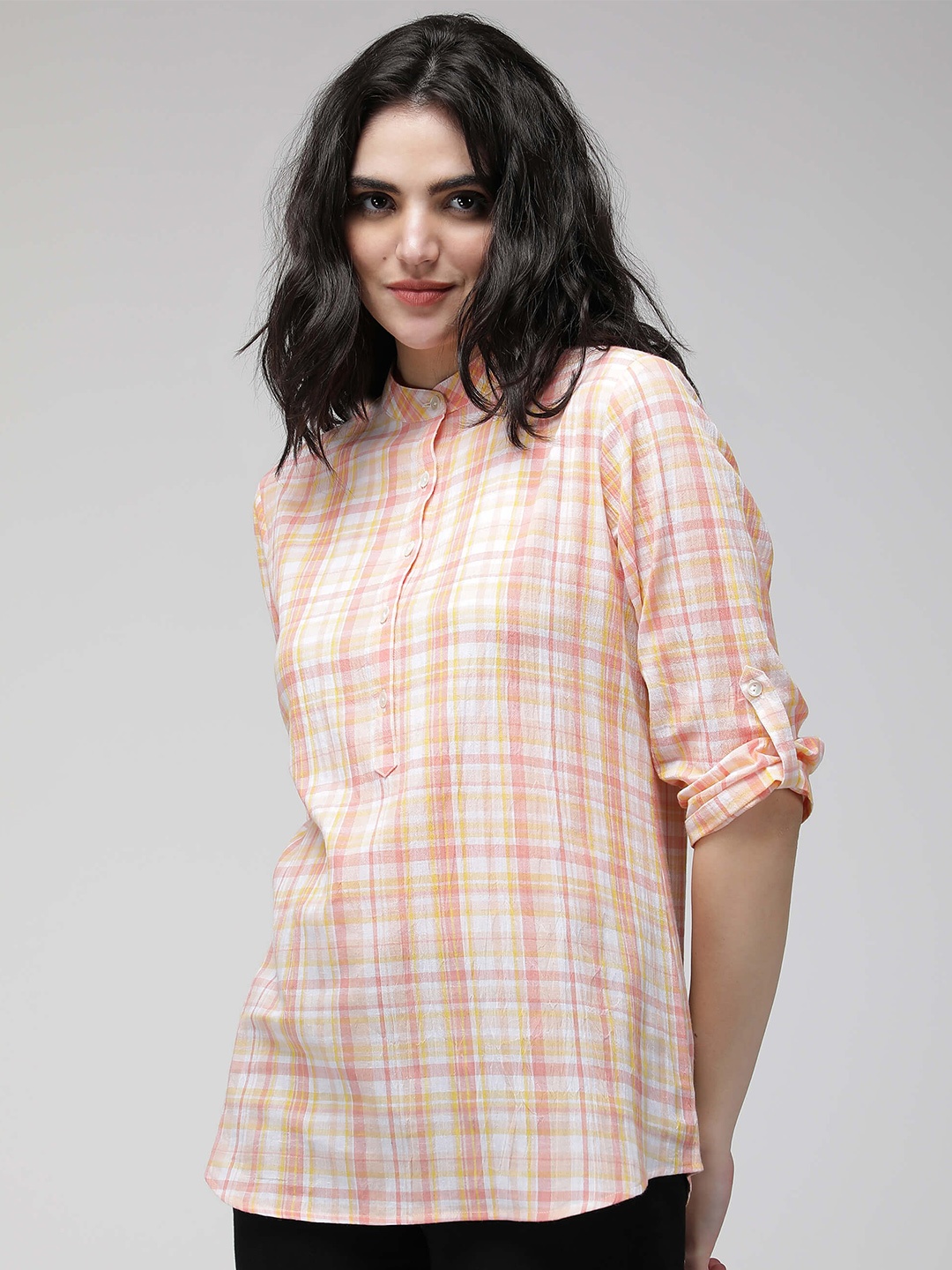 

IDK Roll-Up Sleeves Checked Shirt Style Top, White