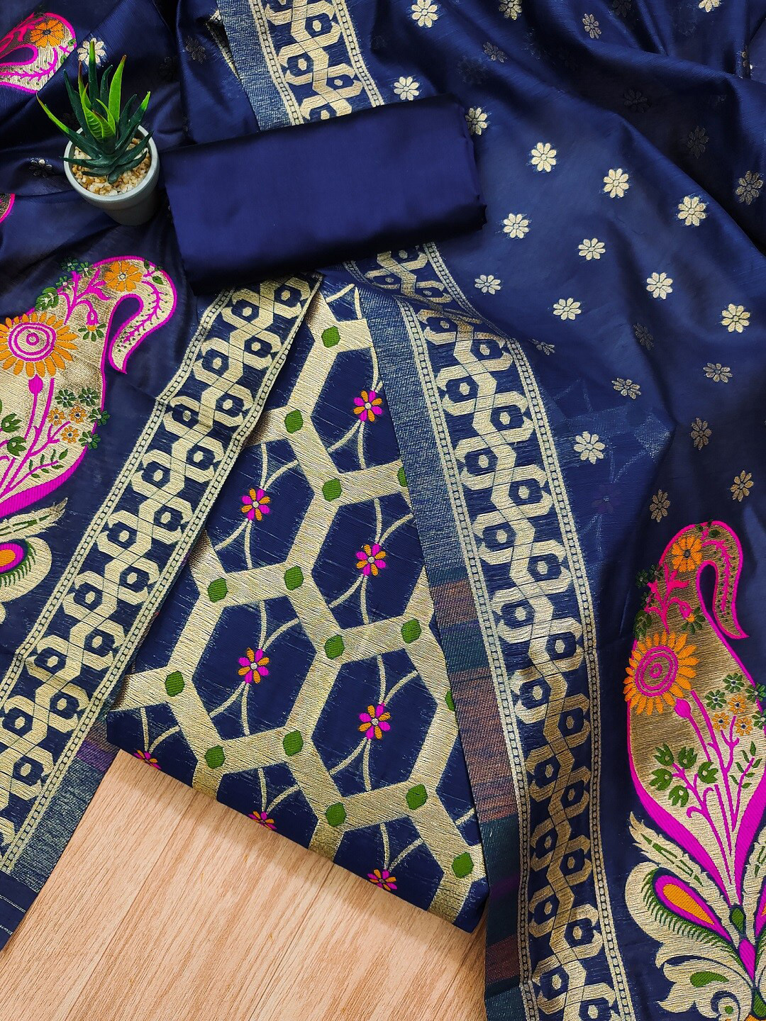 

KALINI Ethnic Motifs Printed Unstitched Dress Material, Navy blue