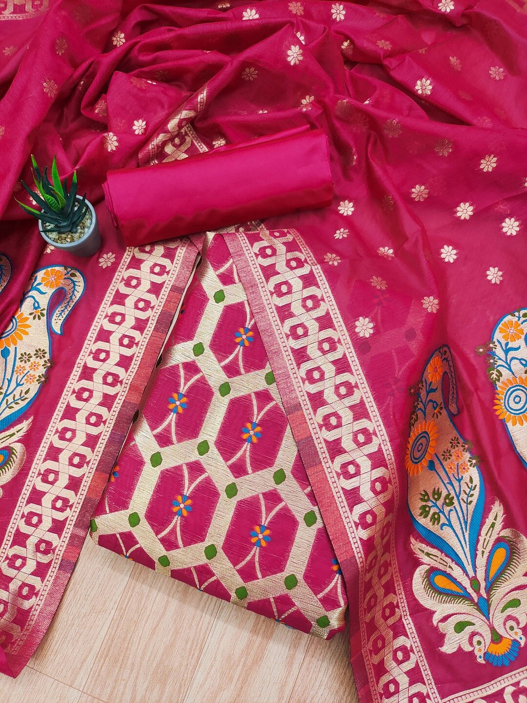 

KALINI Ethnic Motifs Printed Unstitched Dress Material, Pink