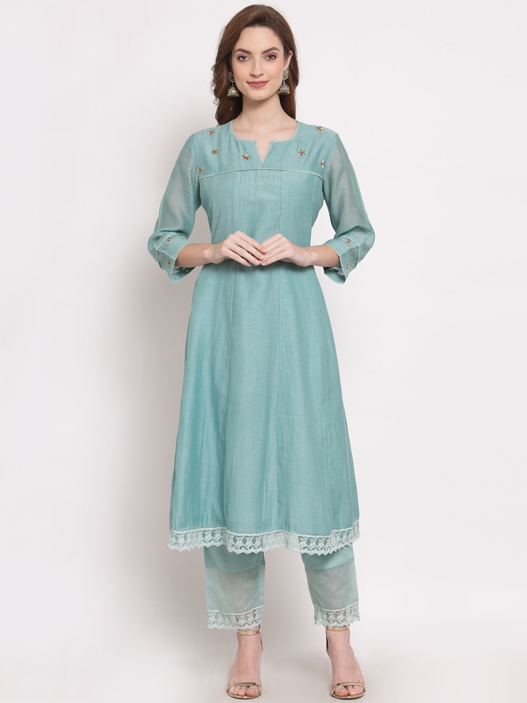 

DART STUDIO Notch Neck Zari Detail Chanderi Silk A-Line Kurta, Turquoise blue