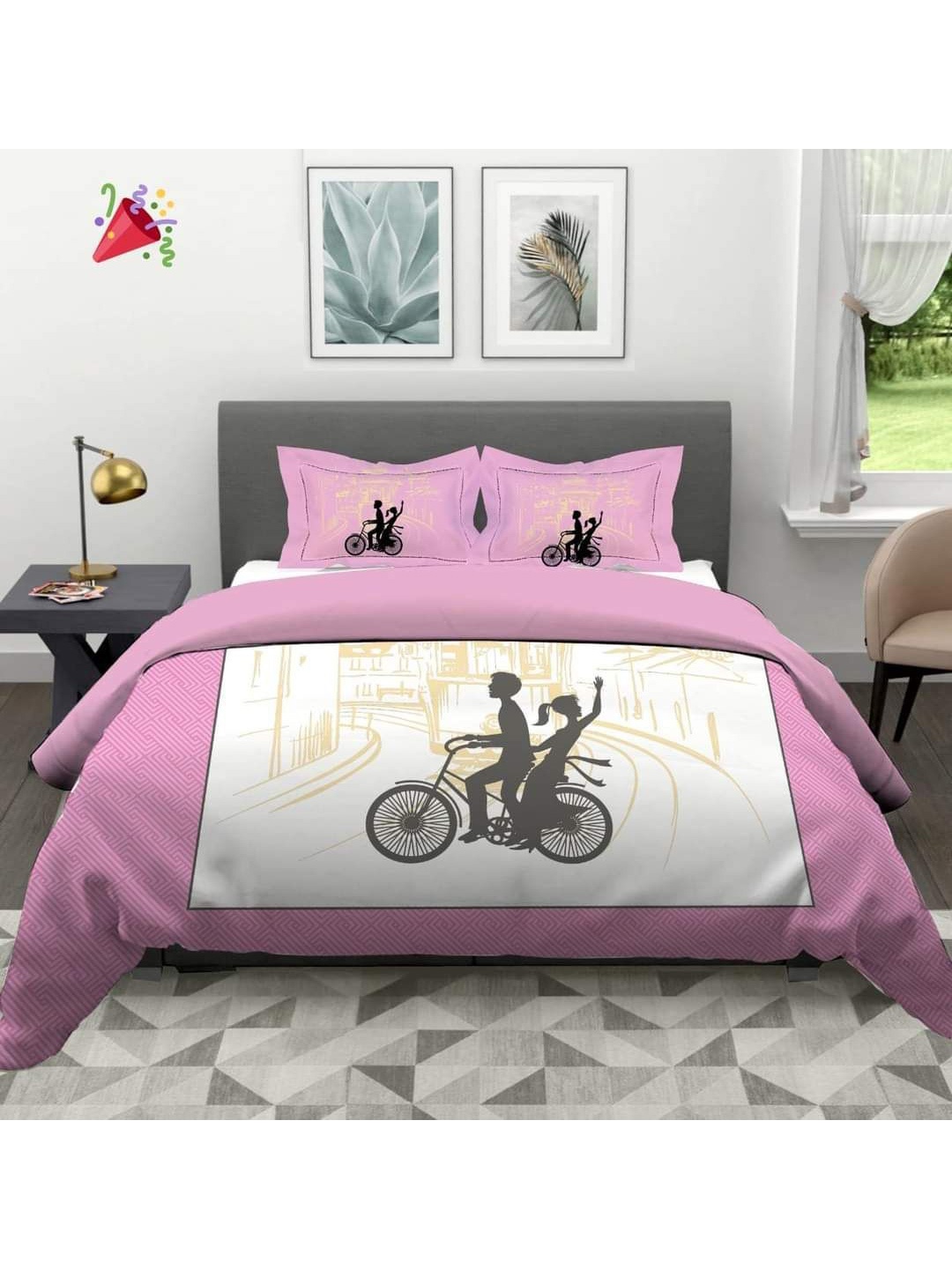 

Bajo's Pink & White Conversational 220 TC Cotton Queen Bedsheet with 2 Pillow Covers