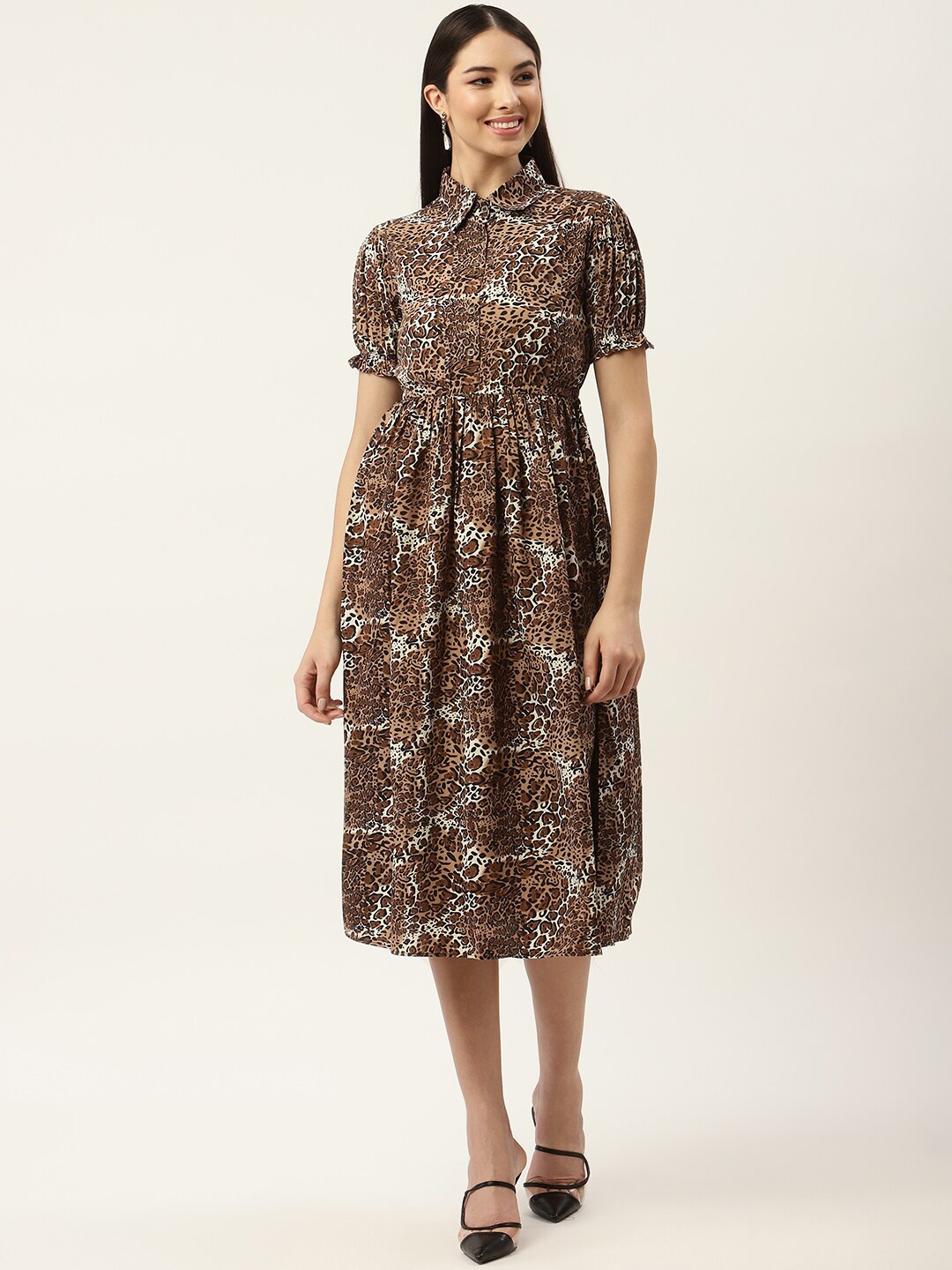 

Slenor Animal Printed Puff Sleeve Fit & Flare Midi Dress, Brown