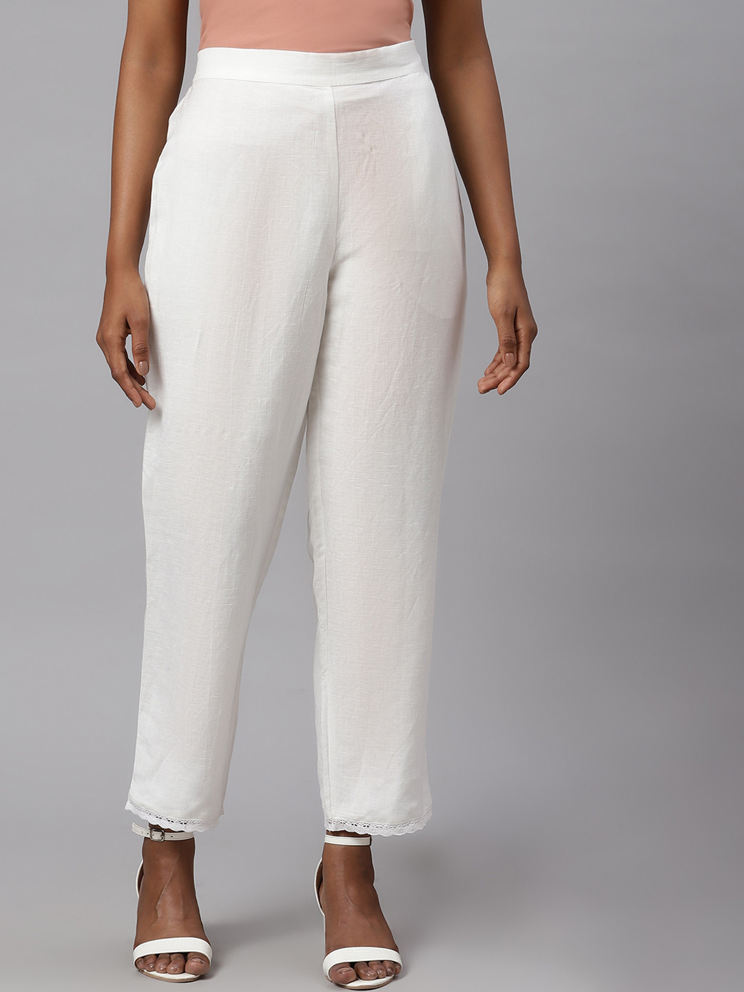 

Linen Club Woman Straight Fit Linen Trousers, Off white