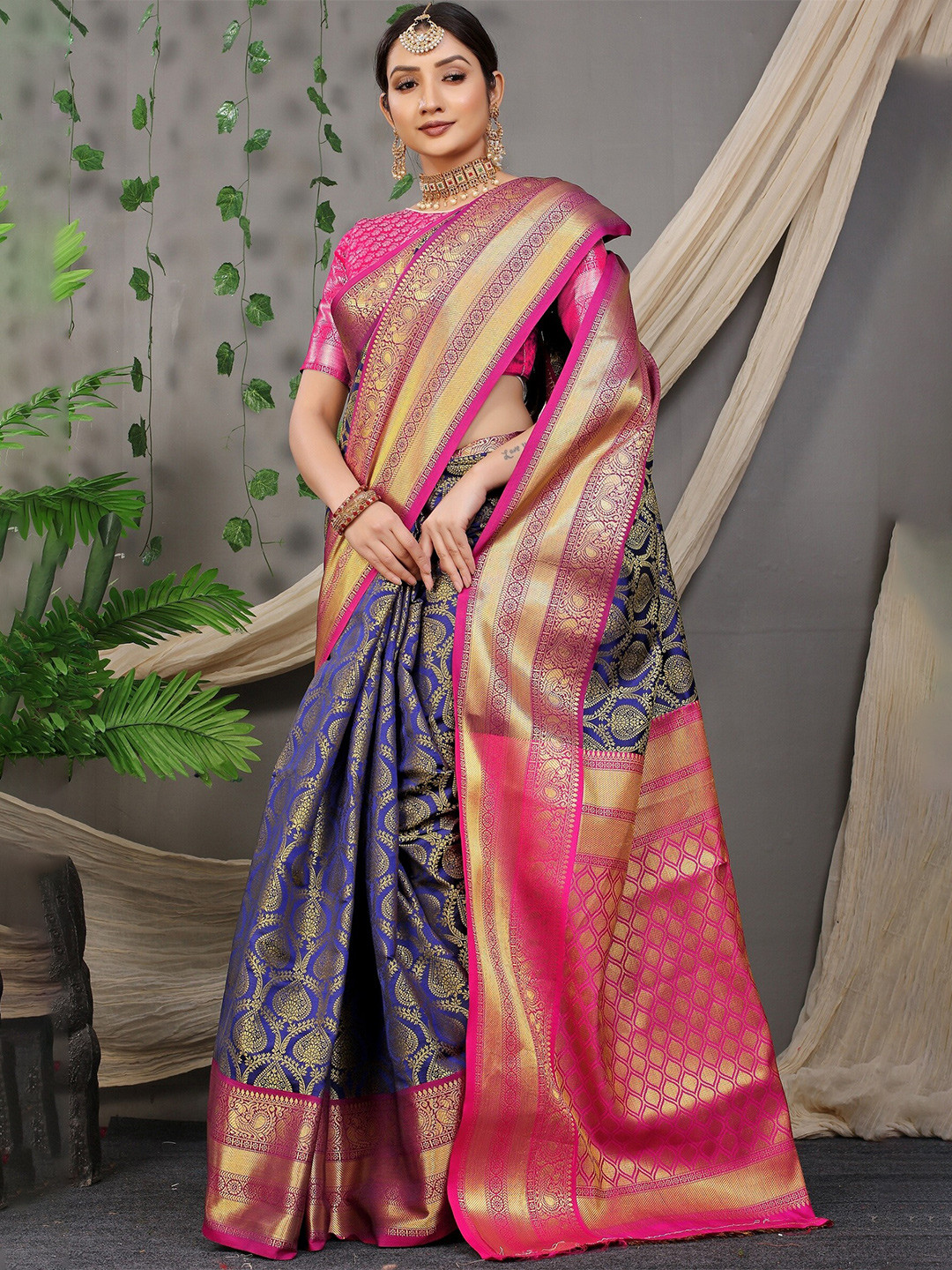 

Anaita Ethinic Motifs Woven Design Zari Pure Silk Banarasi Saree, Blue
