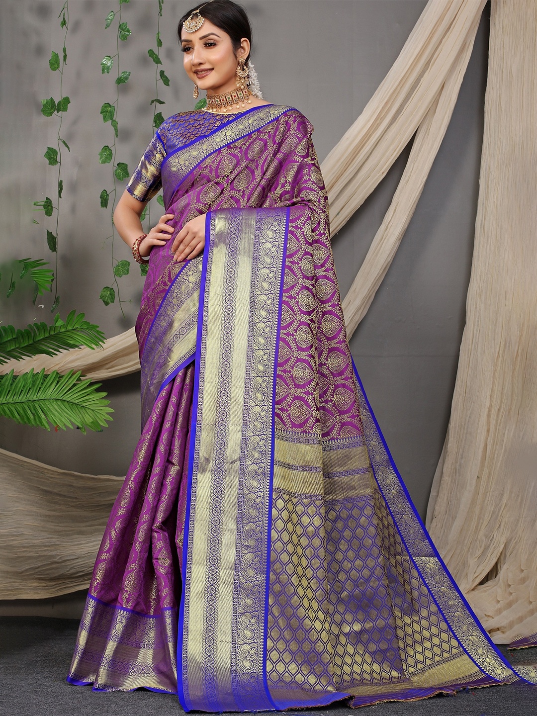 

Anaita Ethinic Motifs Woven Design Zari Pure Silk Banarasi Saree, Purple