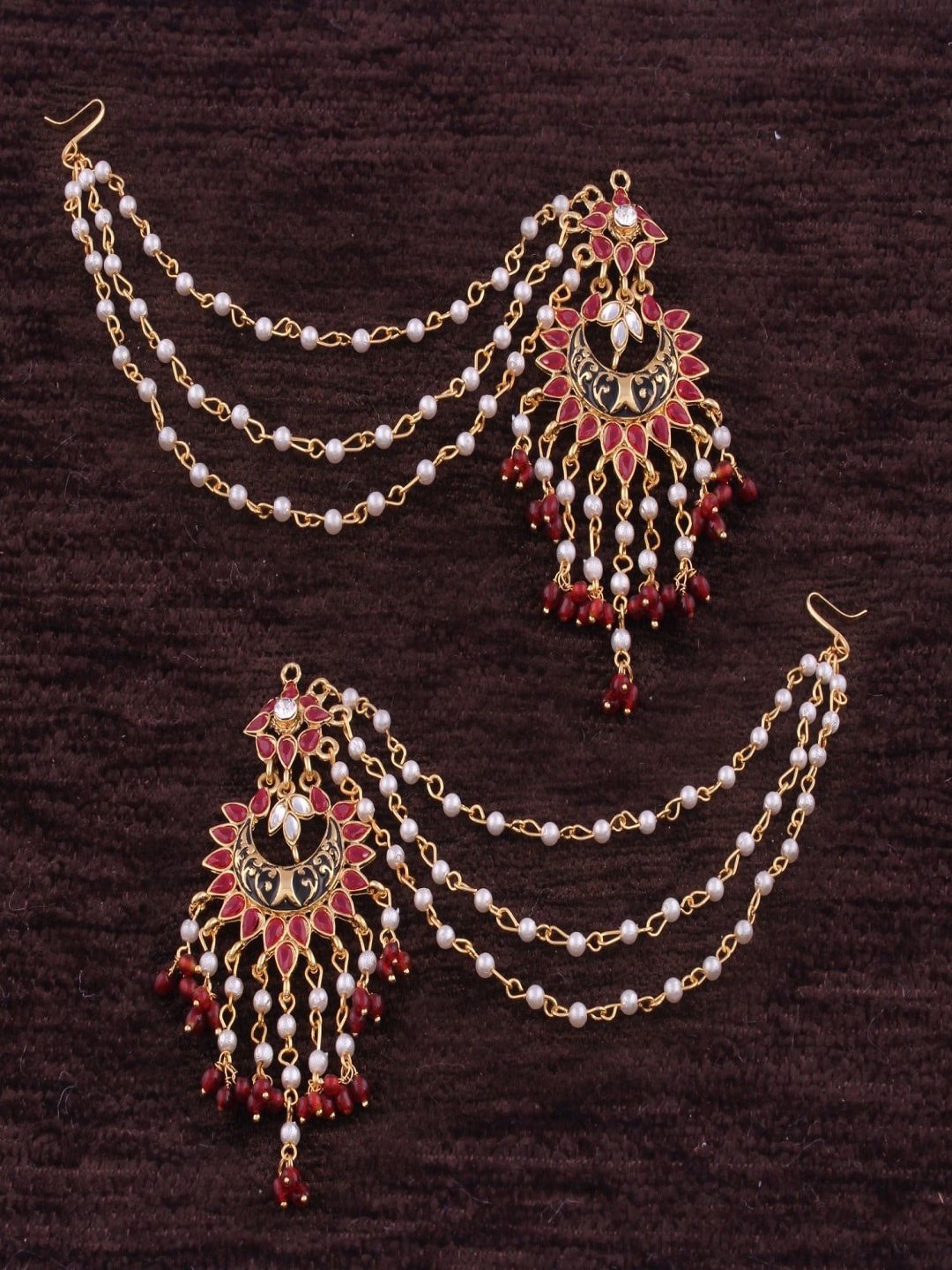 

I Jewels Gold Plated Enamelled Contemporary Hair Chain Drop Earrings, Maroon