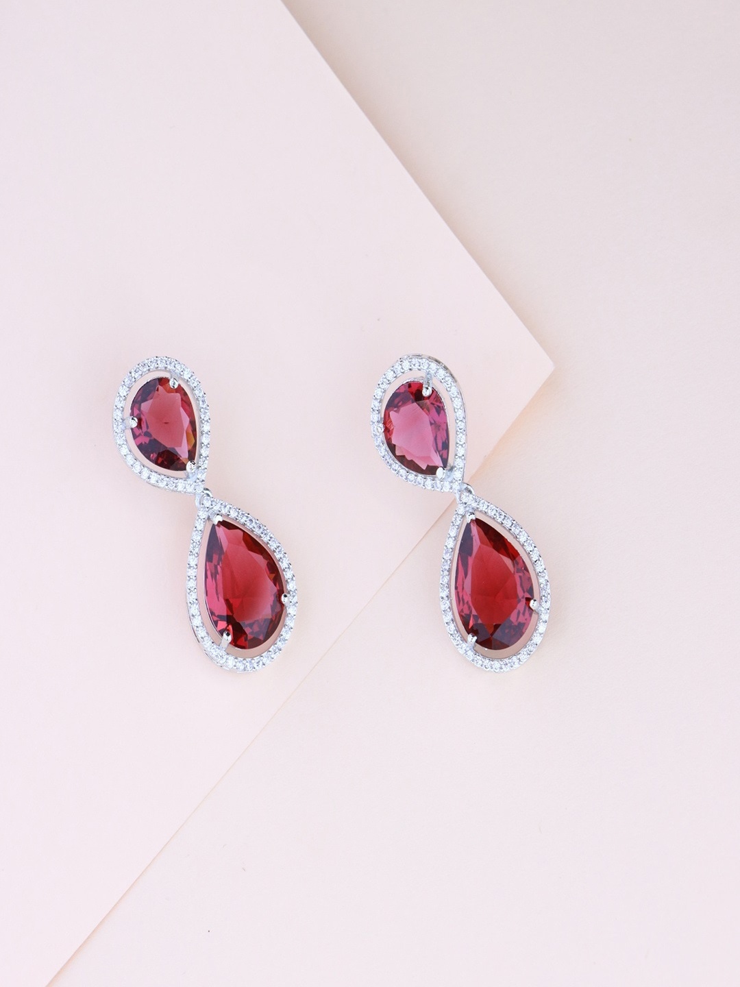 

I Jewels Silver Plated American Diamond Stone Studded Drop Earrings, Red