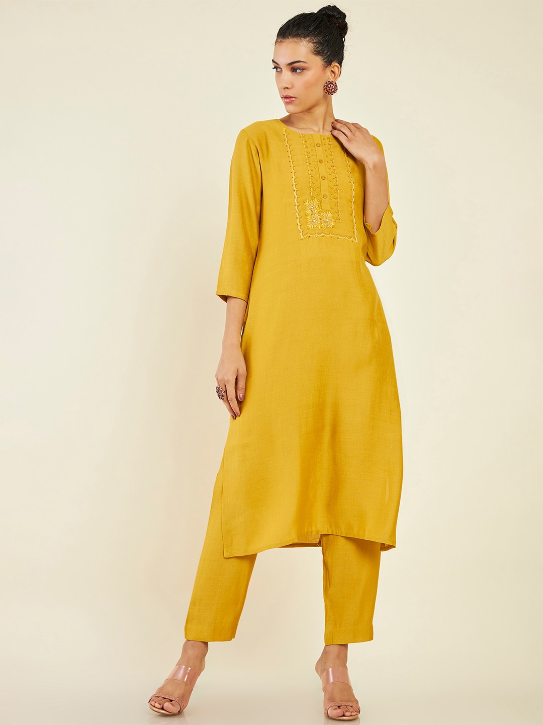 

Soch Embroidered Beads and Stones Kurta with Trousers, Yellow